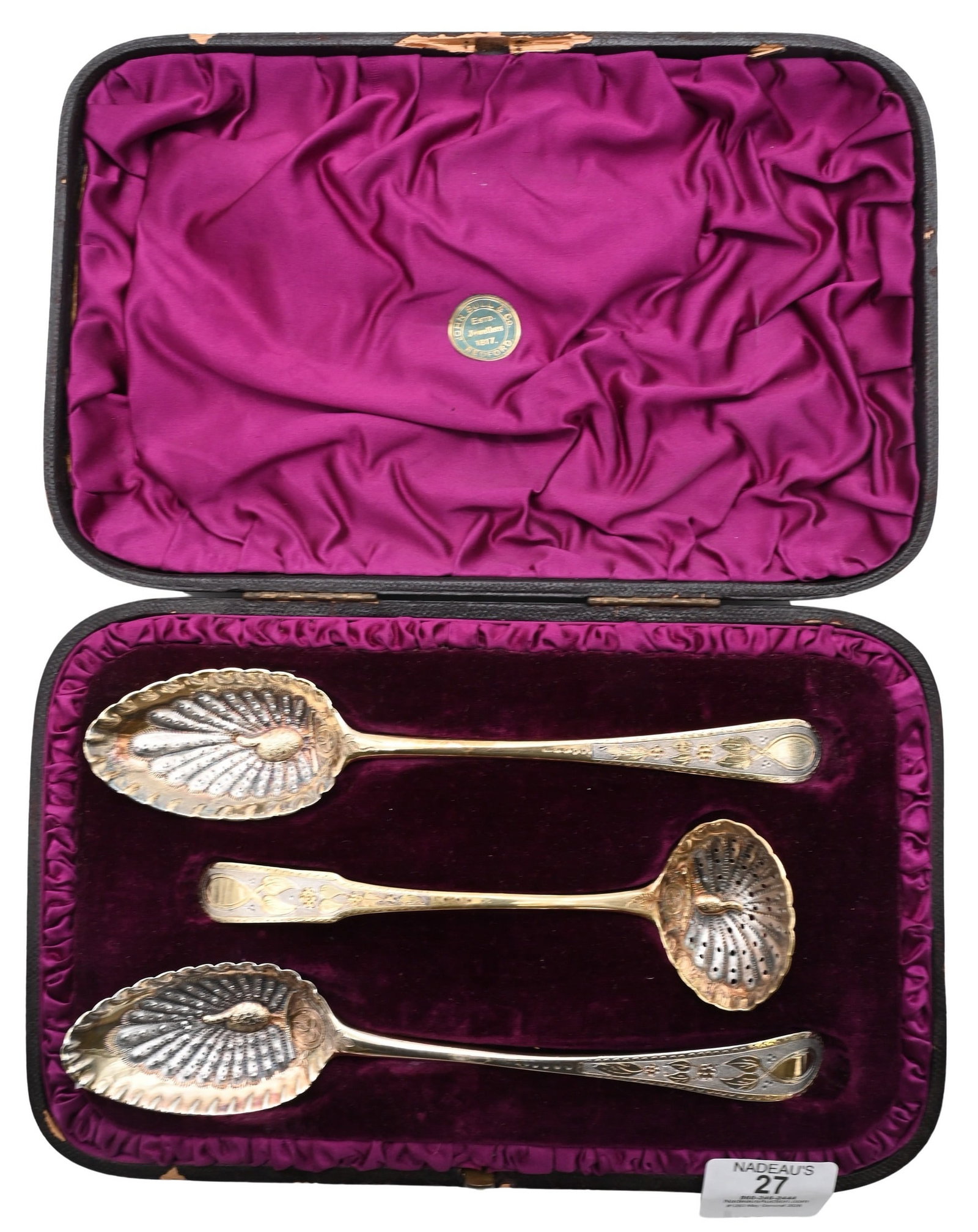 Set of 19th Century Sterling Silver Berry Spoons: Set of 19th Century Sterling Silver Berry Spoons having peacock motif, in original purple satin case, marked John Bull circa 1817 longest 8 1/2 inches, weight 5.1 troy ounces