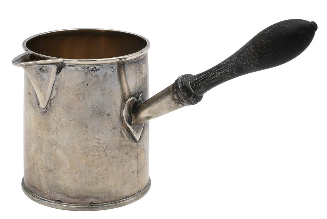 George III Sterling Silver Milk Pot: George III Sterling Silver Milk Pot marked "IR" attributed to John Rubins dated 1801, with wooden handle height 5 inches, total weight 7.2 t.oz Provenance: From a Park Avenue, New York Estate