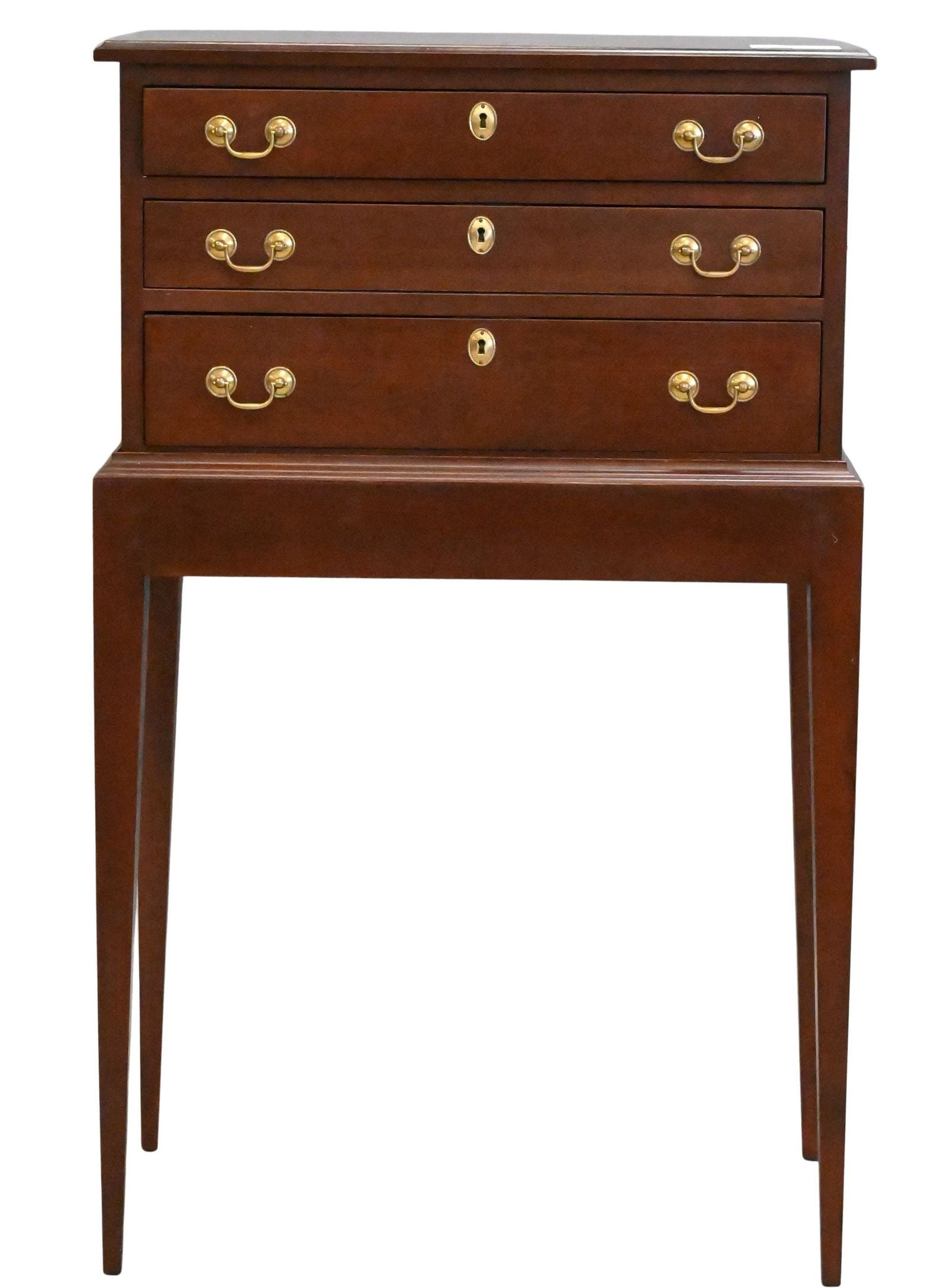 Tom Seely Benchmade Chest: Tom Seely Benchmade Chest on frame, top having three drawers and set on pinned high base, signed "Seely Solid Wood Furniture" height 43 inches, top 14" x 26"