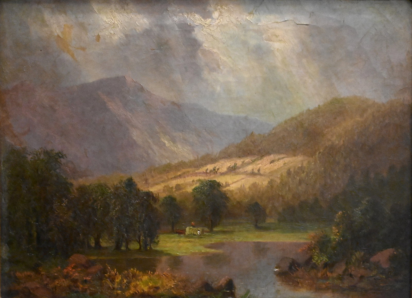 American Hundson River School (19th Century): American Hundson River School (19th Century) Mountainous Landscape, possibly the White Mountains, New Hampshire, featuring farmers and hay wagon in the distance Oil on canvas presented in A.Miller