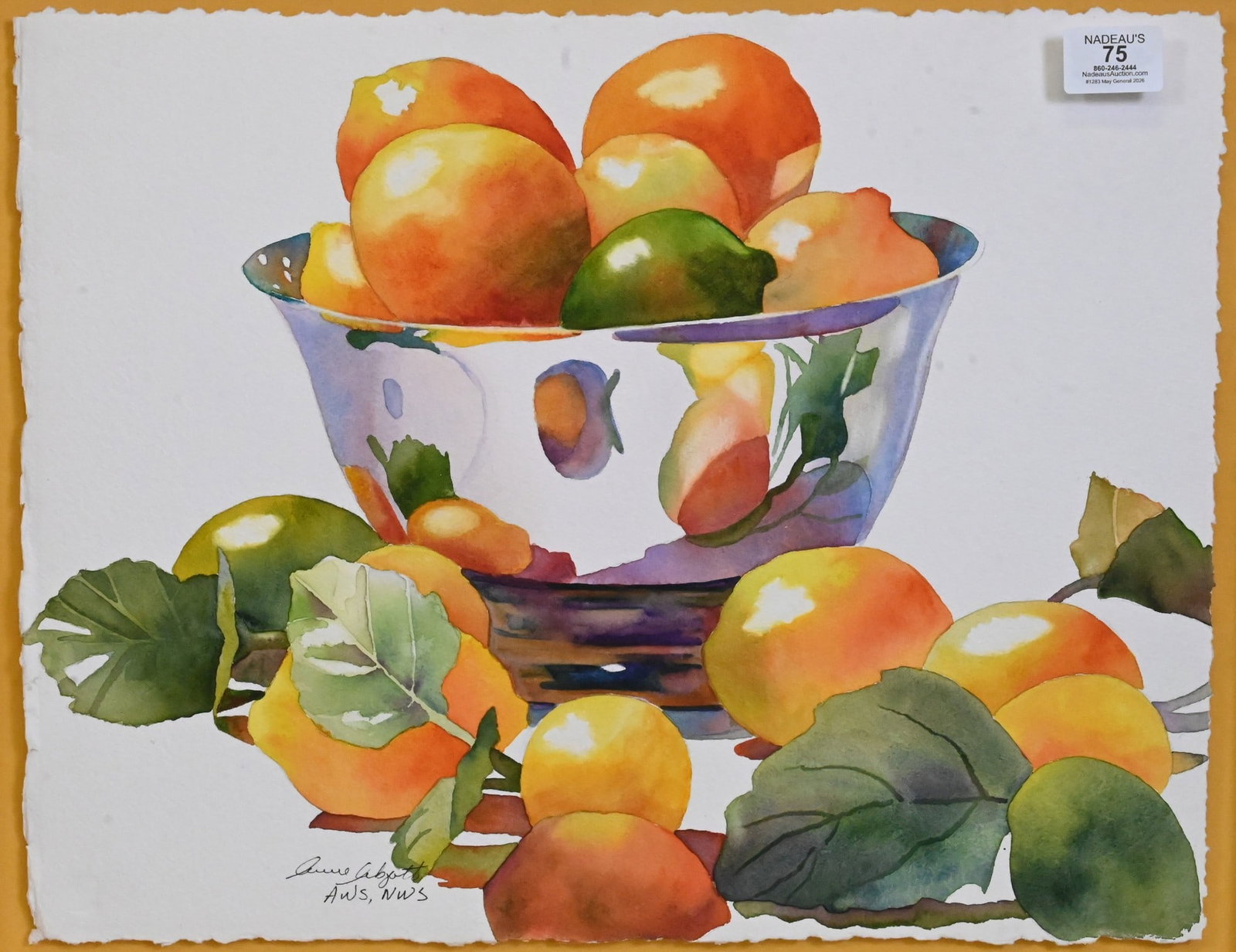 Anne Abgott (American B.1938): Anne Abgott (American B.1938) Still Life of Lemons and Limes in a Bowl Watercolor on paper Signed lower right Anne Abgot AWS, NWS 14" x 18" paper, 17 1/2" x 21 1/2" frame