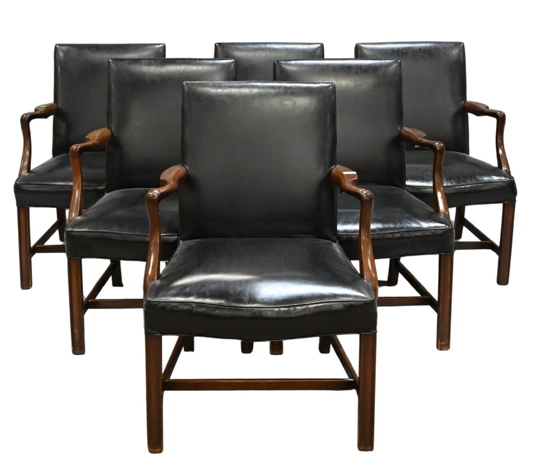 Set of Six Leather Upholstered Office Chairs: Set of Six Leather Upholstered Office Chairs perfect for office conference room setting height 35 1/2 inches, width 24 1/2 inches Provenance: From the Collection of the General Cigar Company