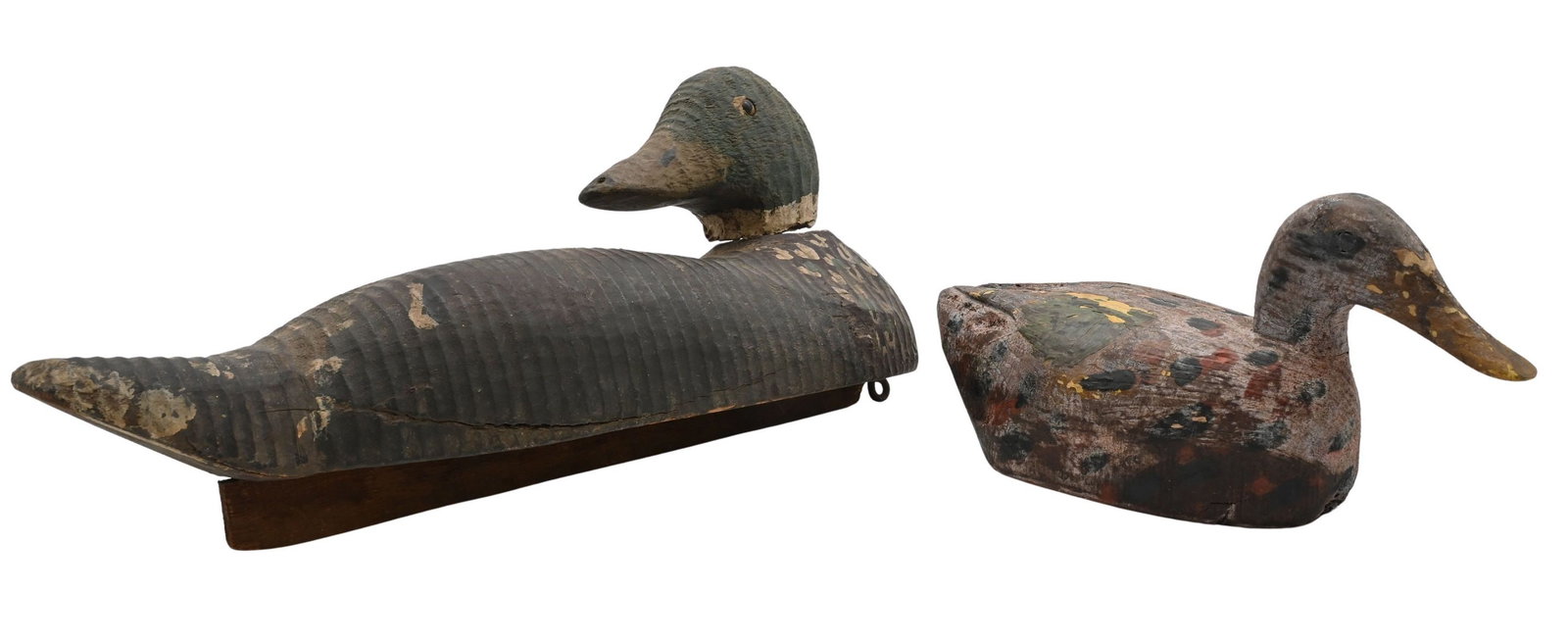 Two Duck Decoys in Old Paint: Two Duck Decoys in Old Paint one spotted with colors length 14 inches and 10 inches
