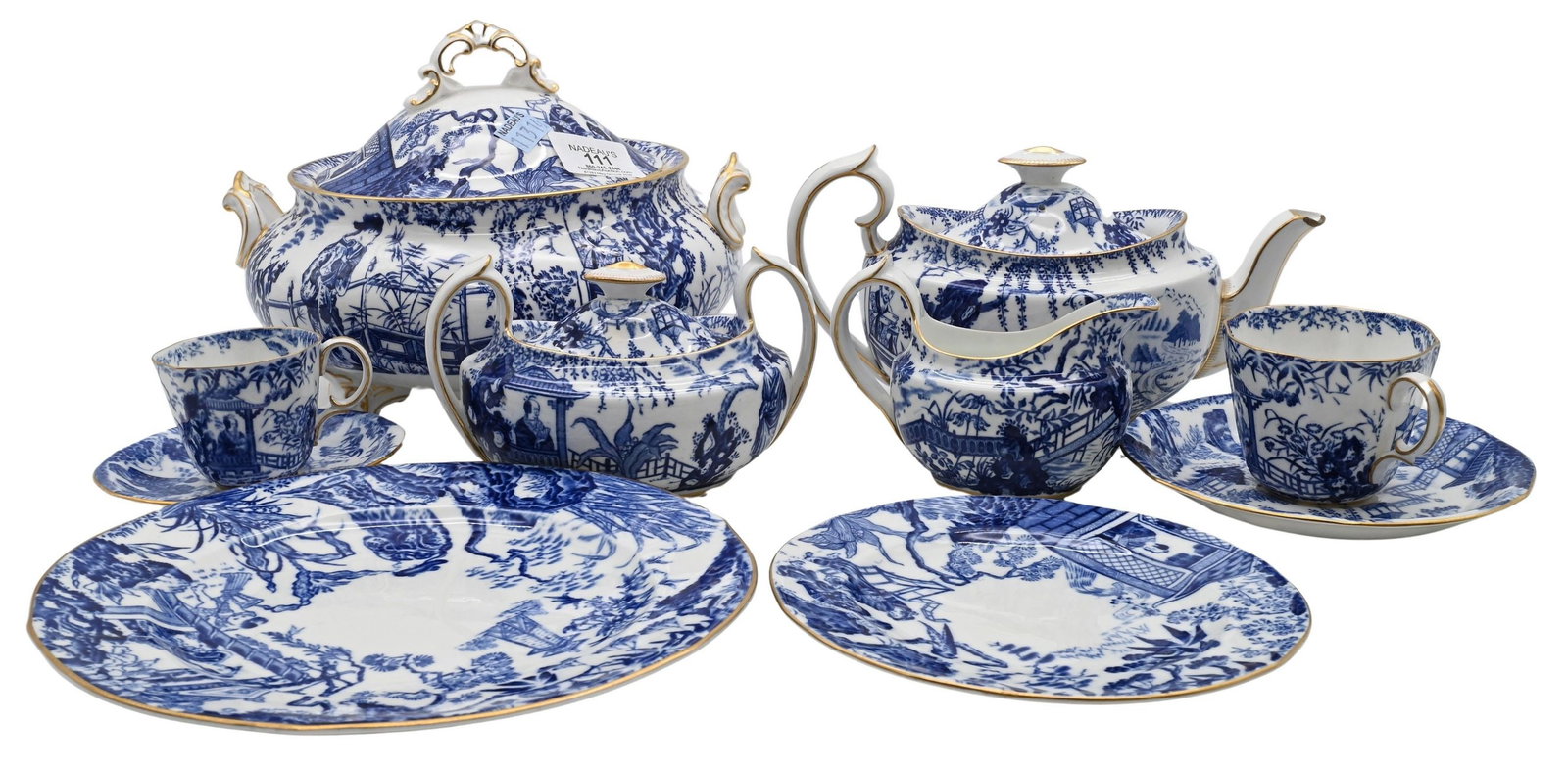 33 Piece Royal Crown Derby "Mikado" Blue Chinoiserie Tea Set (1 of 7)