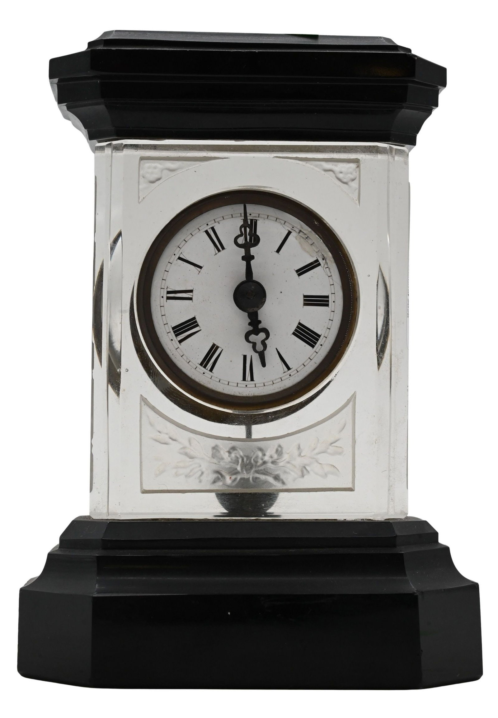 Crystal Style Regulator Shelf Clock: Crystal Style Regulator Shelf Clock clock key winds, black glass top and bottom, clear body with frosted panels late 19th / early 20th century height 5 1/2 inches Provenance: From the collection