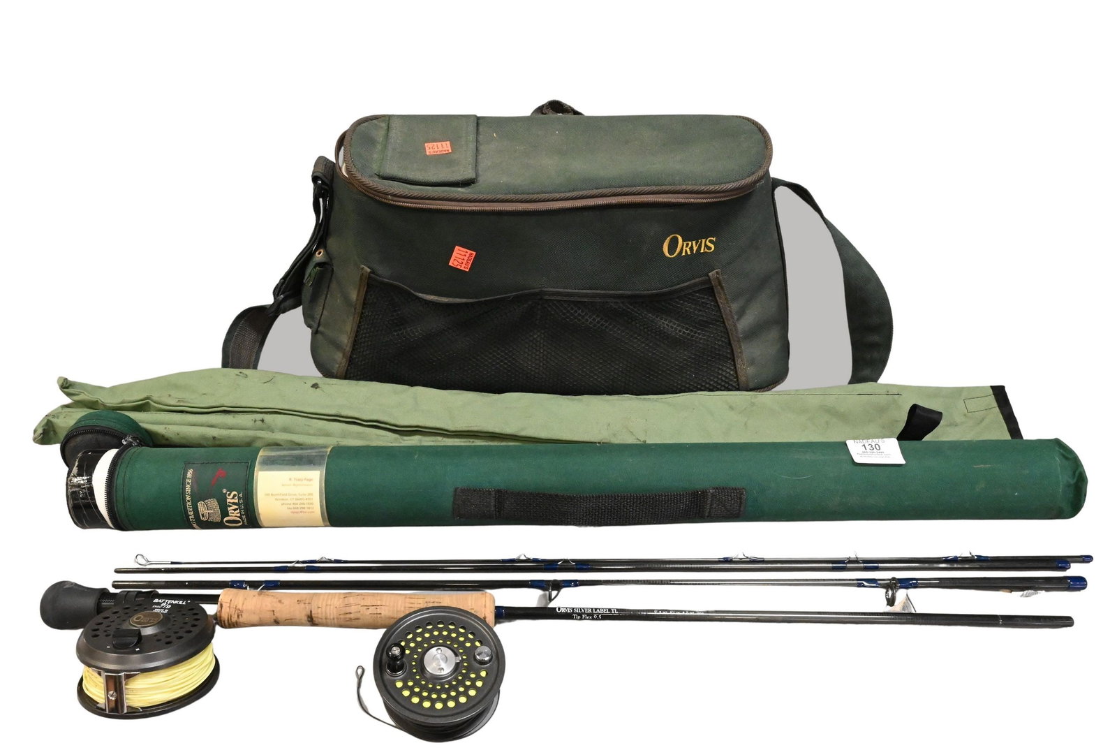 Two Piece Fishing Lot: Two Piece Fishing Lot to include Orvis graphire four part pack rod having silver label TL Tip Flex 9.5 9' 4 3/4 oz. 8wt., along with Battenkill 8/9 disc fly reel with extra spool. in Orvis case 
