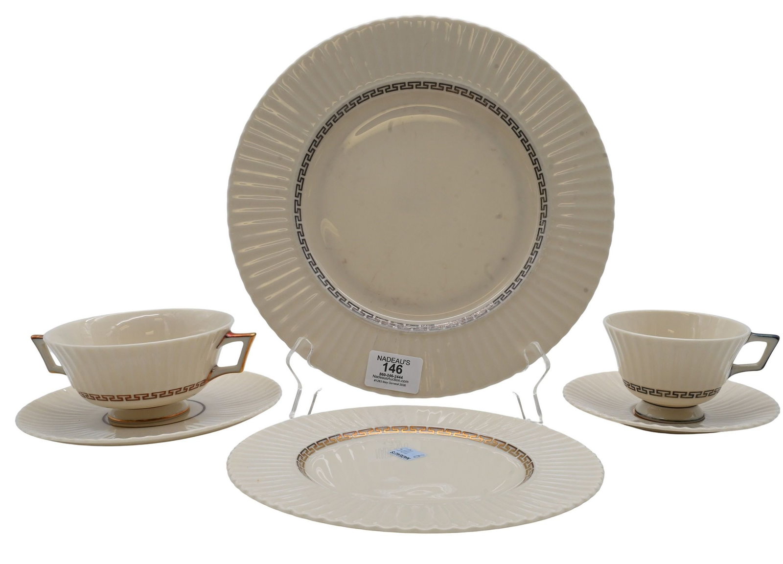 78 Piece Set of Lenox "Cretan" Greek Key Dinnerware Set: 78 Piece Set of Lenox "Cretan" Greek Key Dinnerware Set to include 12 dinner plates, 12 salad plates, 12 bread and butter plates, 10 cream soups, 12 soup underplates, 6 teacups, 12 saucers, 1