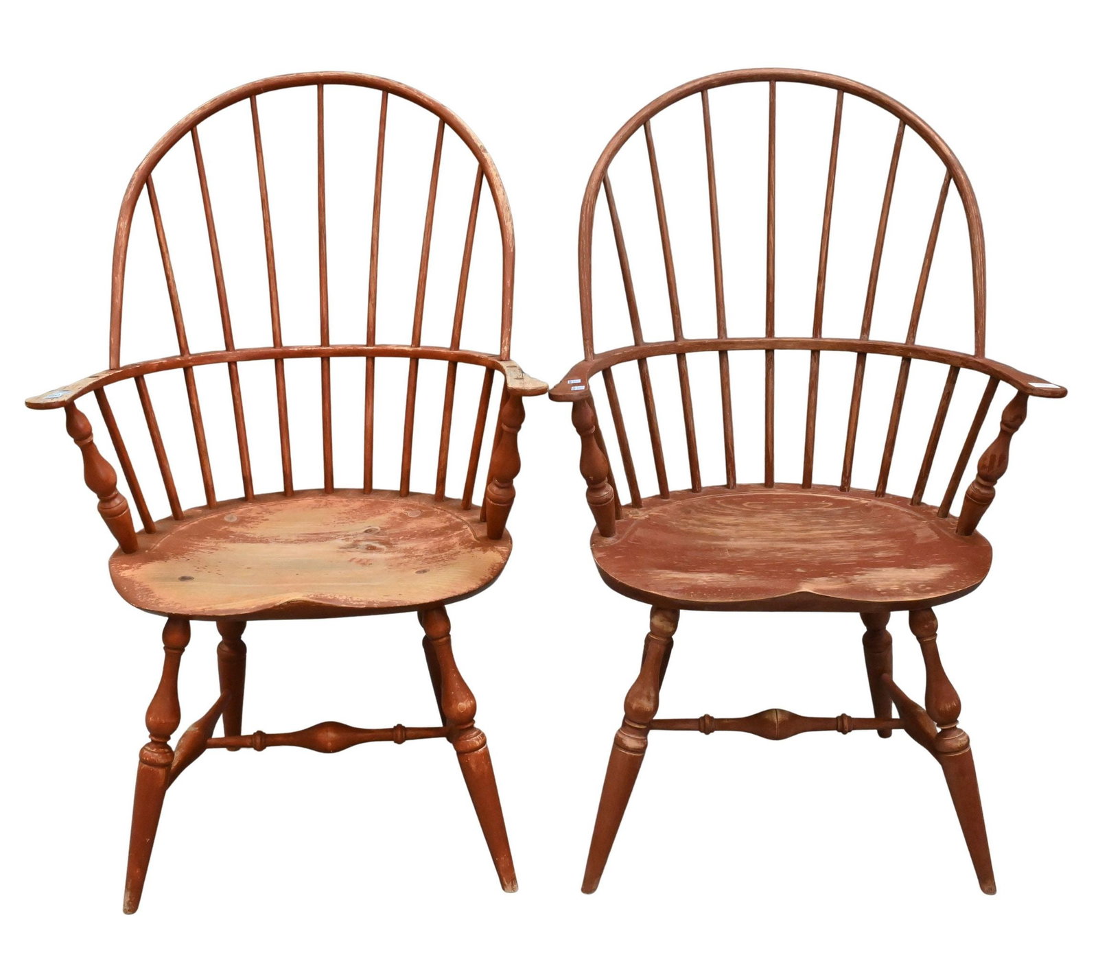 Pair of Warren Chair Works Sack Back Chairs: Pair of Warren Chair Works Sack Back Chairs wear to finish, marked underside "WCW" height 41 inches, width 35 1/2 inches