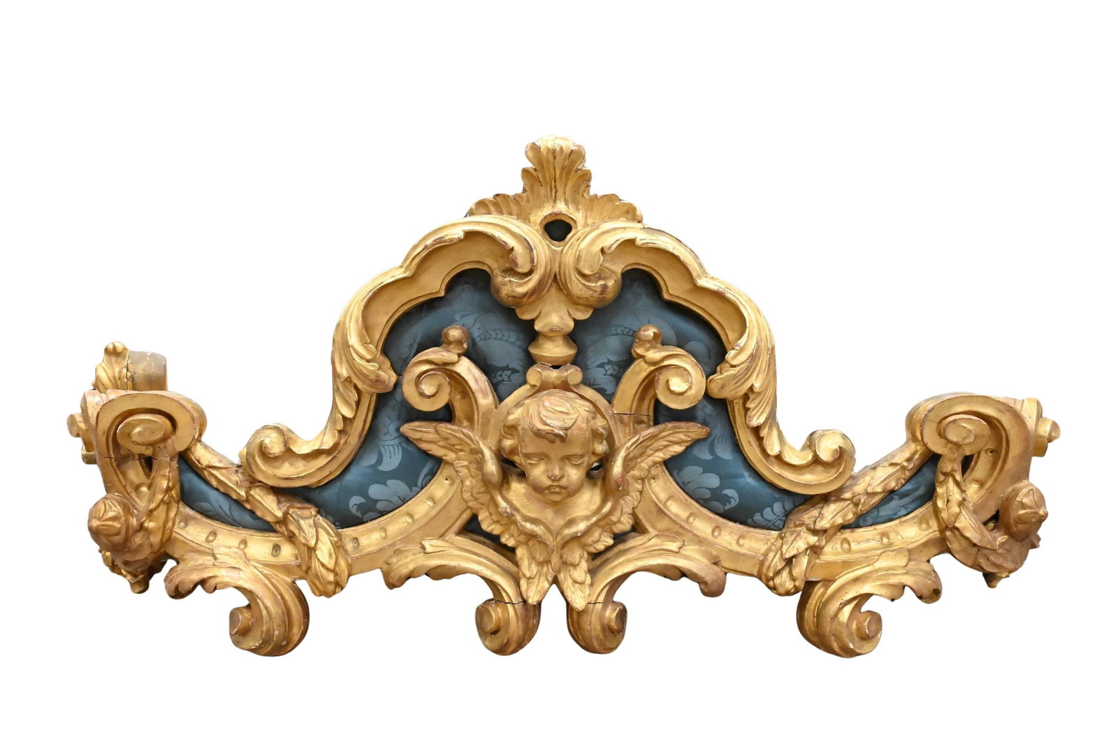 Louis XV Style Giltwood Bed Canopy or Polonaise: Louis XV Style Giltwood Bed Canopy or Polonaise Carved crest featuring scrolling acanthus, putti, and pierced ornament, originally mounted to the top of a canopy or headboard height 21 inches,