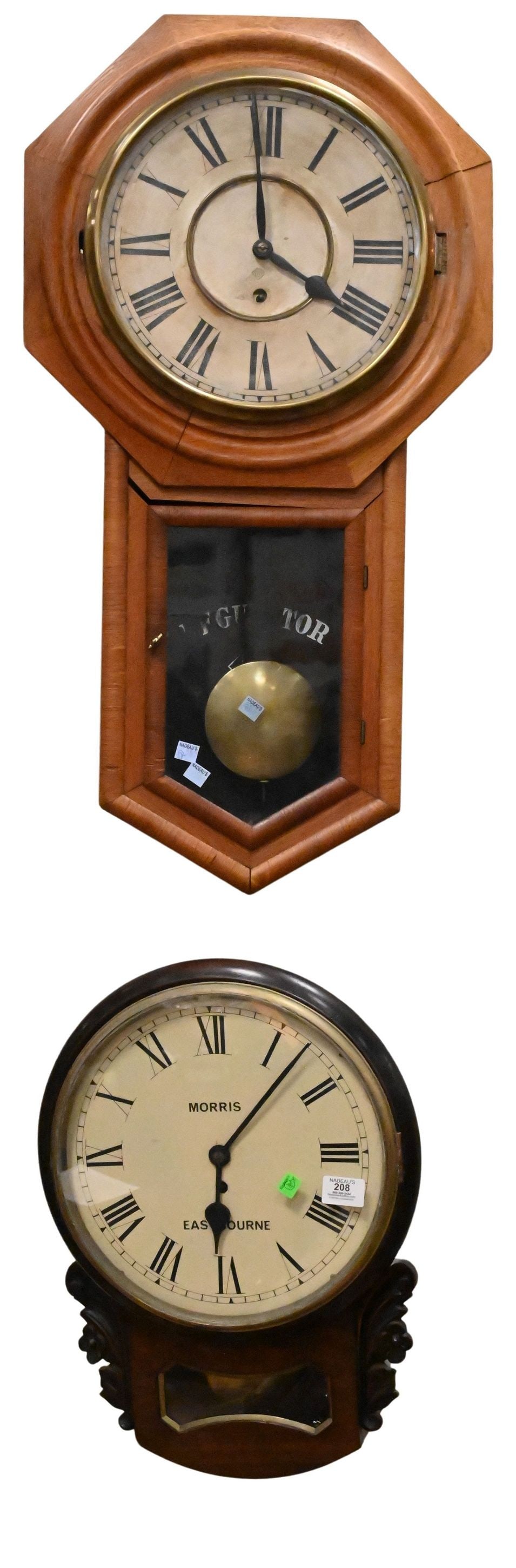 Two Rectangular Clocks: Two Rectangular Clocks to include one oak, one English rosewood height 21 inches and 31 inches Provenance: From the collection of Richard "Chuck" McCarthy.