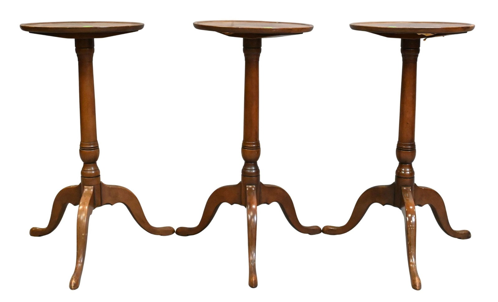 Three Kittinger Historic Newport Dish-Top Candle Stands: Three Kittinger Historic Newport Dish-Top Candle Stands each on three legs, labels to underside height 24 1/2 inches Provenance: From the Collection of the General Cigar Company acquired by the