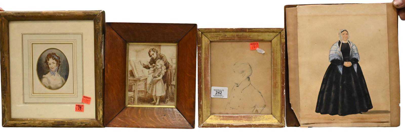 Group of Four Framed 19th Century Portraits: Group of Four Framed 19th Century Portraits to include a watercolor portrait miniature of a young woman in oval format; a sepia drawing of a man instructing a child at a music stand; a watercolor
