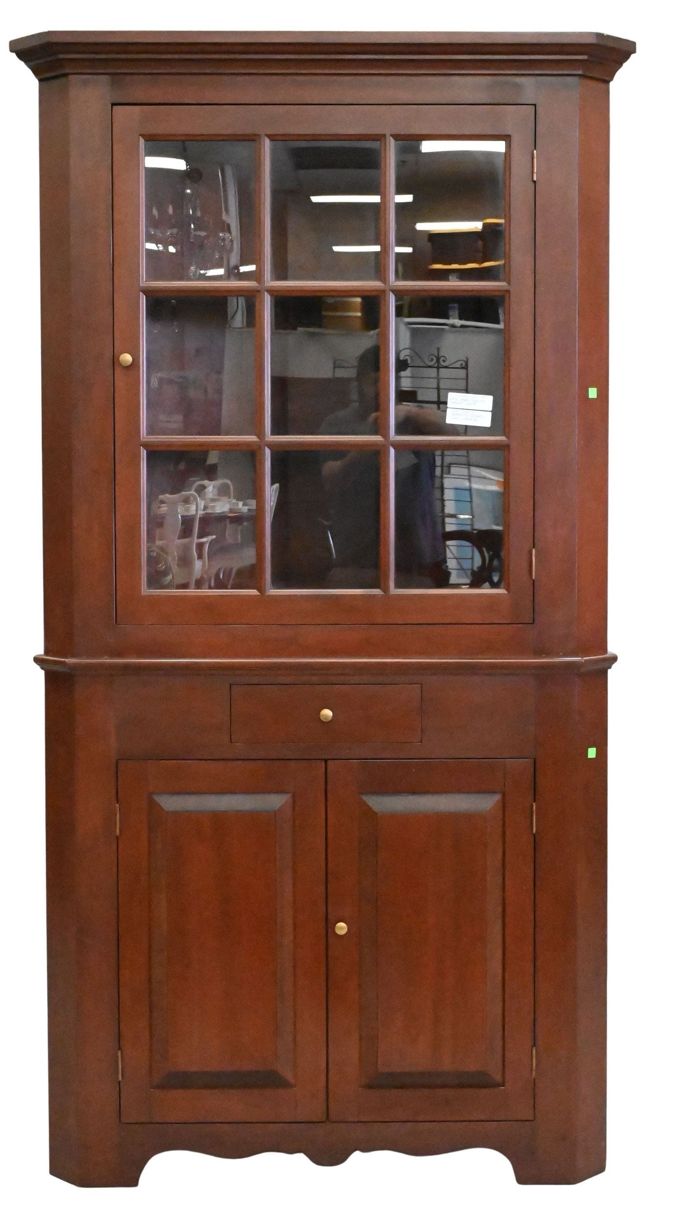 Benchmade Dark Cherry Two Part Corner Cabinet: Benchmade Dark Cherry Two Part Corner Cabinet Tom Seely, Berkeley Springs, West Virginia height 78 inches, width 40 inches, depth 21 inches
