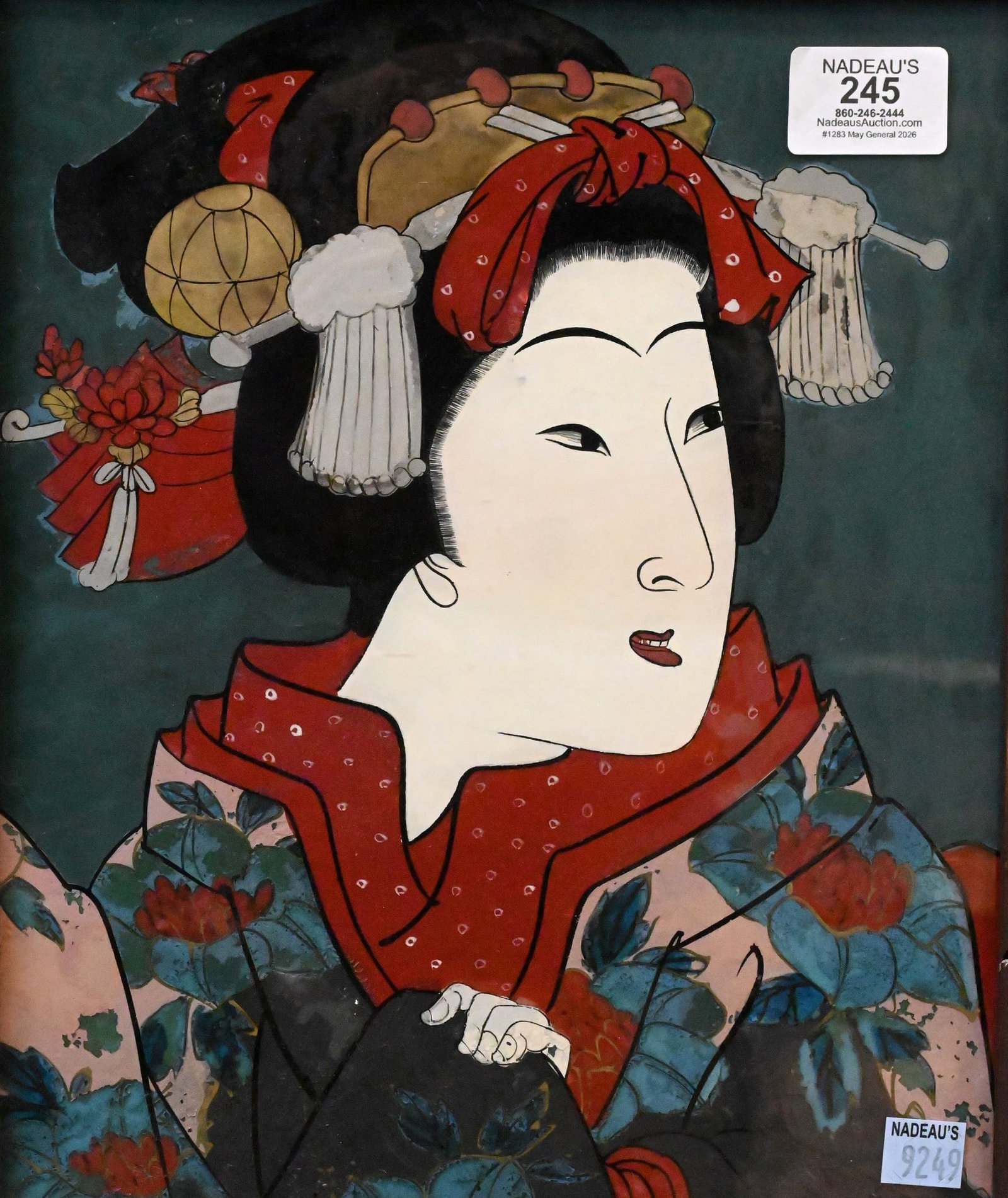 Japanese Reverse Painting on Glass: Japanese Reverse Painting on Glass portrait of a Geisha beauty, probably late 18th / early 19th century 11 1/2" x 14"