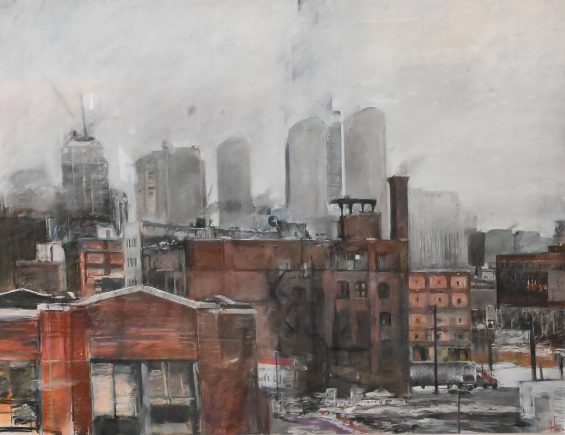 David Gibson (American 20/21st century): David Gibson (American 20/21st century) "Haymarket Series: Looking East", 1986 Rooftop cityscape in winter Pastel on paper Signed and dated lower right Gibson '86 37" x 49" sheet, 44" x 55"