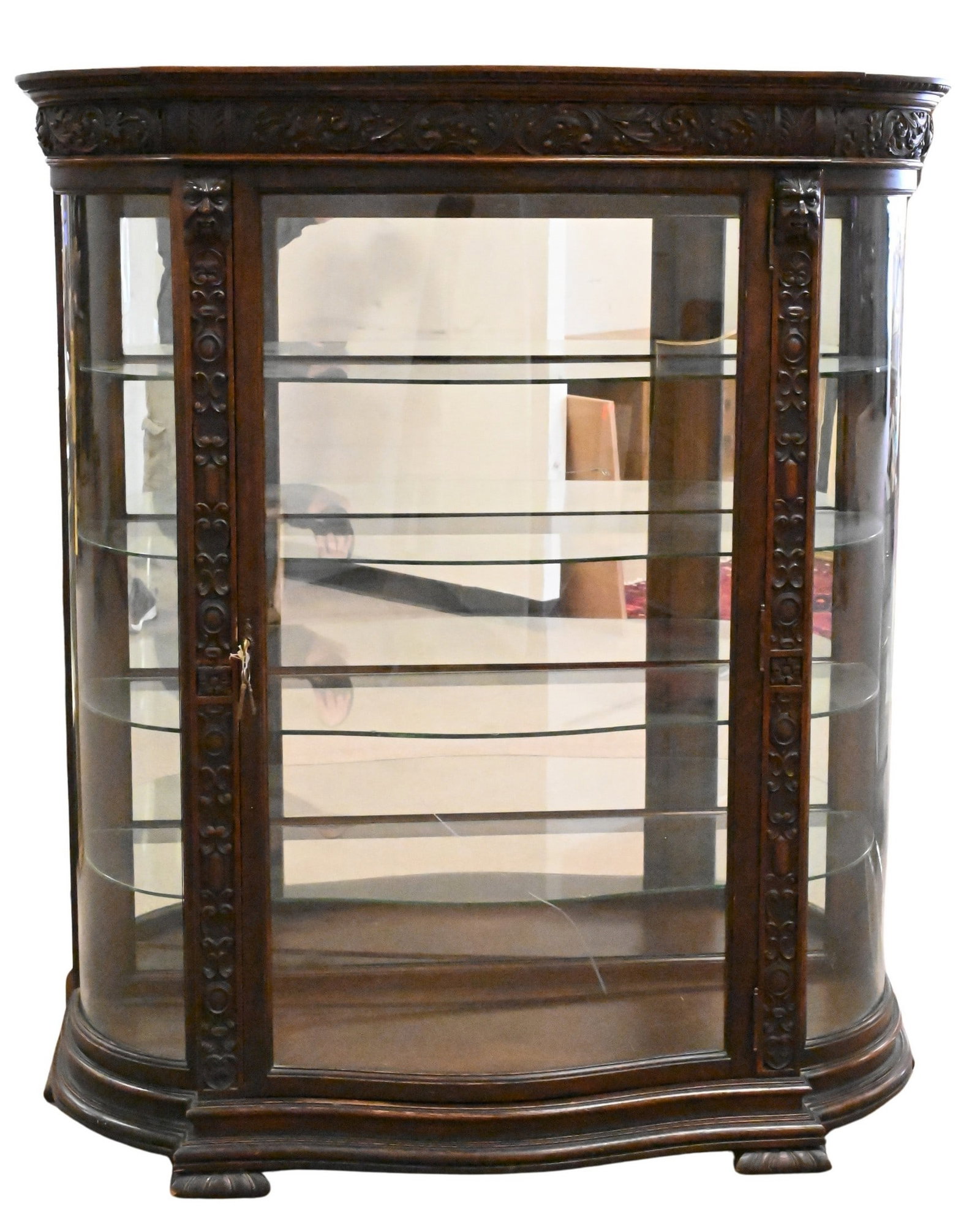 Victorian Oak Carved Curio Cabinet: Victorian Oak Carved Curio Cabinet having replaced front glass, now plexi, and broken side panel height 60 1/2 inches, top 19" x 53 1/2"