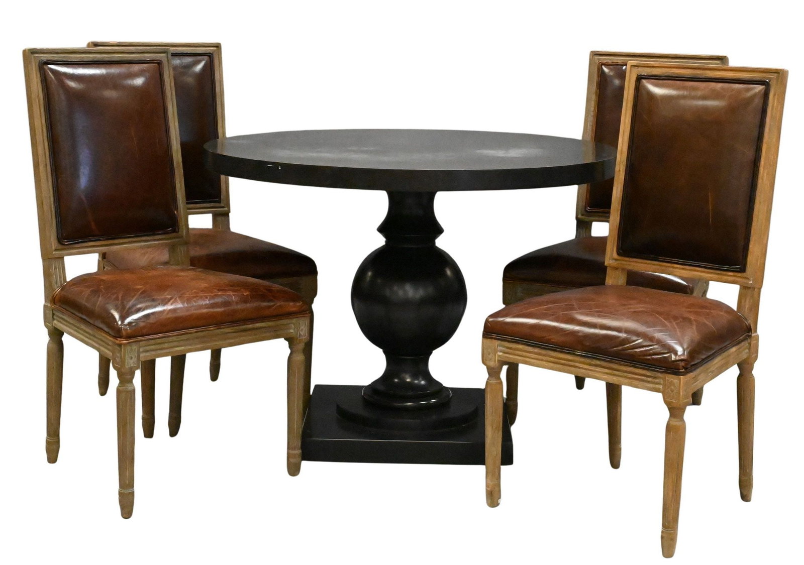 Five Piece Restoration Hardware Dinette Set: Five Piece Restoration Hardware Dinette Set to include round top pedestal dining table along with four leather side chairs table height 30 inches, top diameter 42 inches, chair height 40 inches