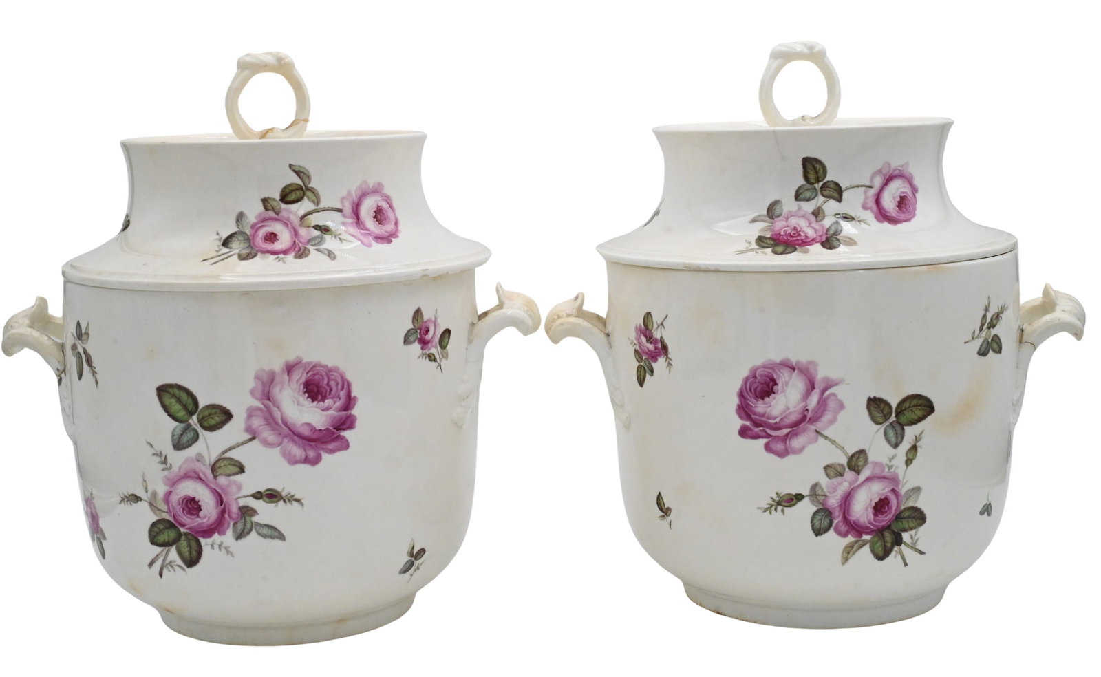 Pair of English Porcelain Floral-Decorated Fruit Coolers and Covers: Pair of English Porcelain Floral-Decorated Fruit Coolers and Covers A handsome pair of English porcelain fruit coolers, each of baluster form with domed covers surmounted by loop finials, the bodies