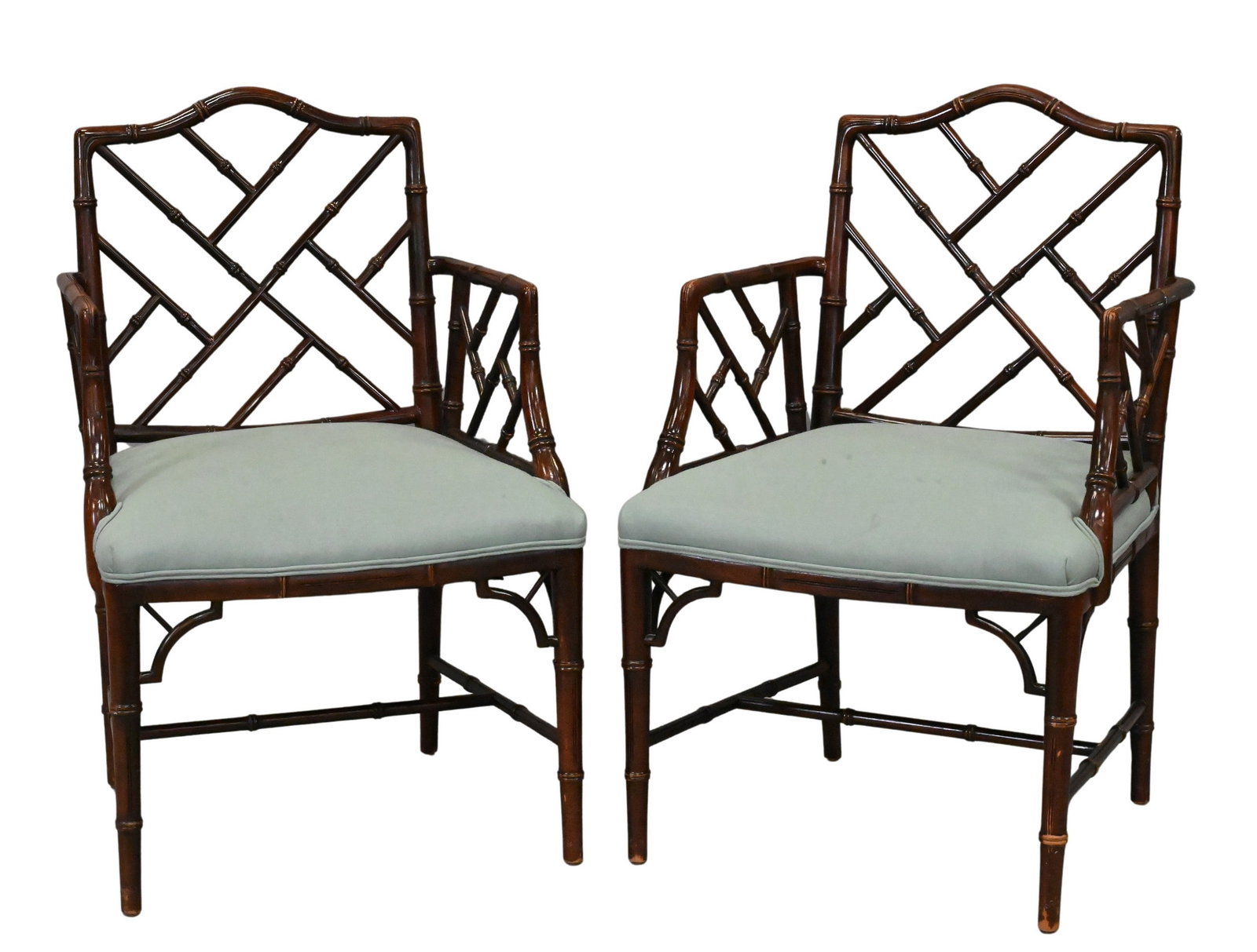 Pair of Hollywood Regency / Chinese Chippendale Style Armchairs: Pair of Hollywood Regency / Chinese Chippendale Style Armchairs having faux bamboo frames and upholstered seats height 36 inches, width 23 inches