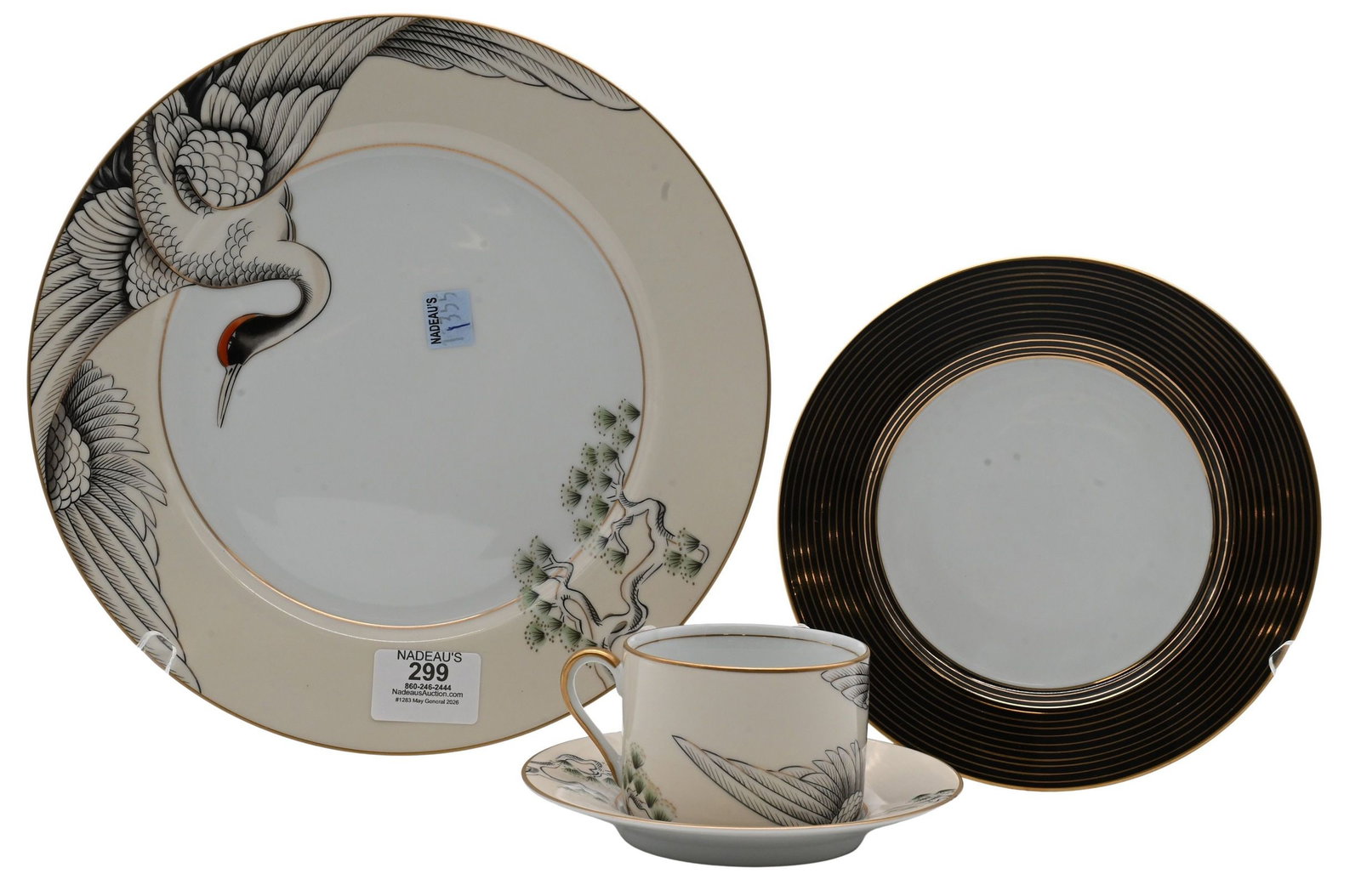 48 Piece Assembled Fitz and Floyd "Crane with Pine" Dinner Service: 48 Piece Assembled Fitz and Floyd "Crane with Pine" Dinner Service to include 12 coffee or tea cups, 12 saucers, 12 dinner plates (diameter 10 1/2 inches) along with 12 "Rodello" bread and butter