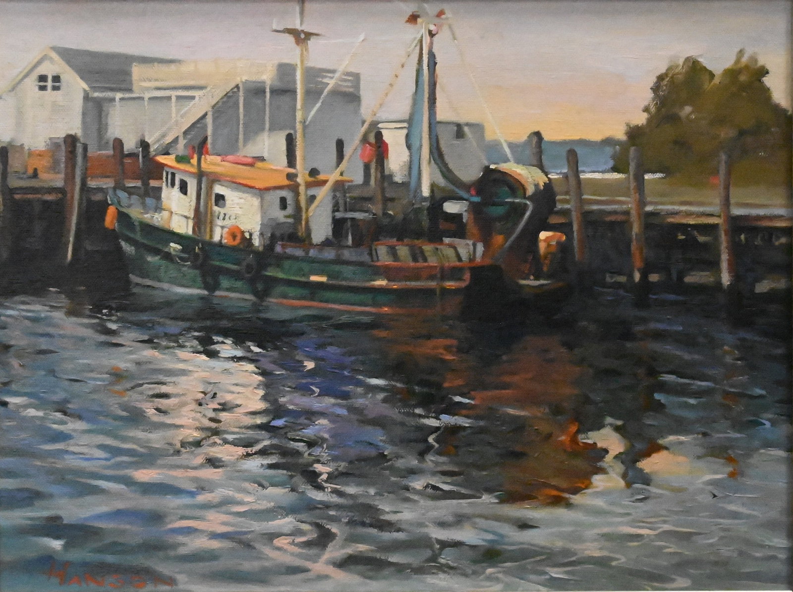 Bill Hanson (American 1928-2017): Bill Hanson (American 1928-2017) "The Matthew Mark on a Summer Evening, Stonington, CT" Oil on canvas Signed lower left Hanson, gallery labels verso 12" x 16" canvas Provenance: Mystic Maritime