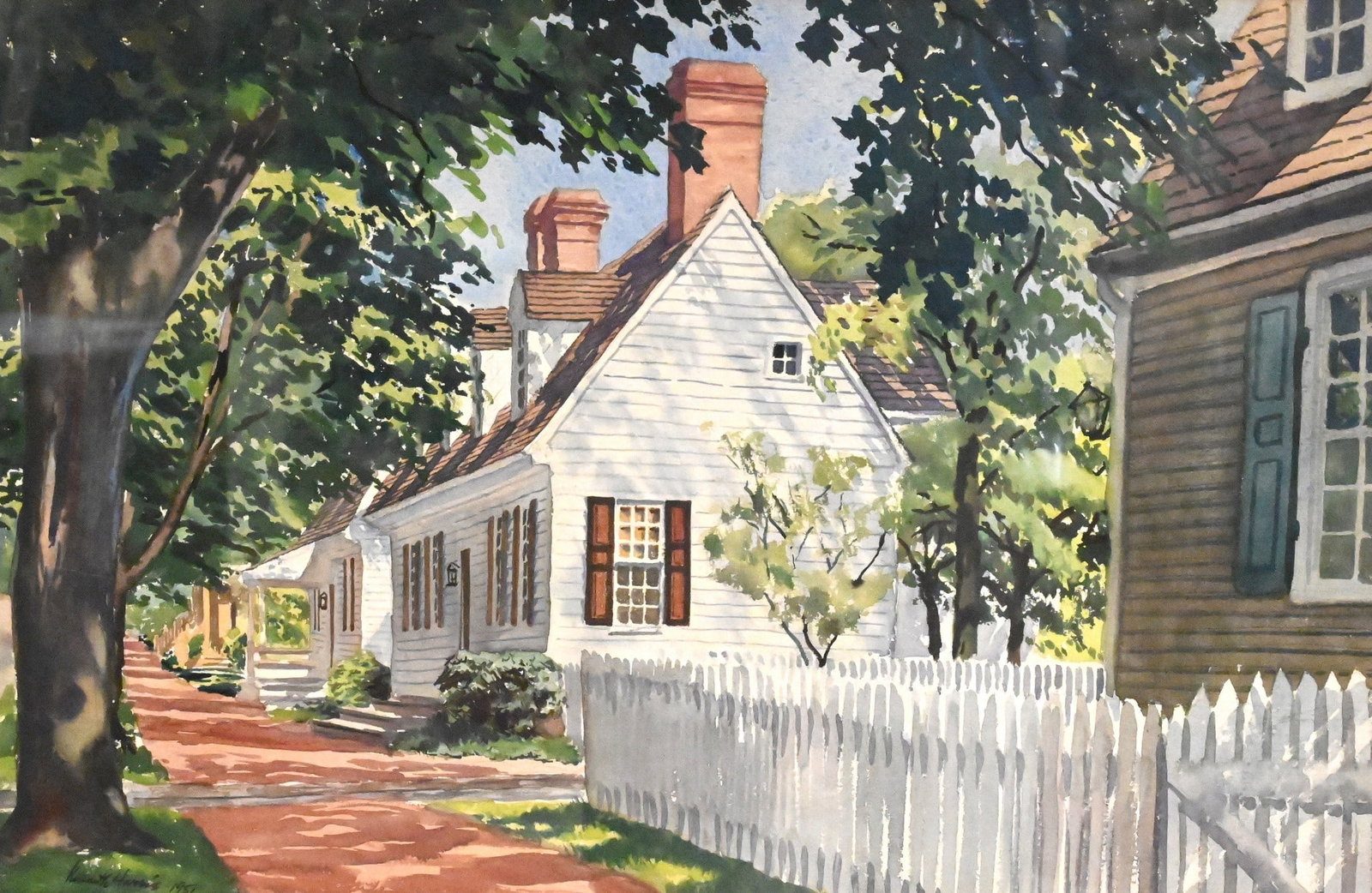 Kenneth Harris (American 1904-1983): Kenneth Harris (American 1904-1983) White Picket Fence Neighborhood, 1951 Watercolor on paper Signed and dated lower left Kenneth Harris 1951 14" x 21" sight, 21 1/2" x 28 1/2" frame