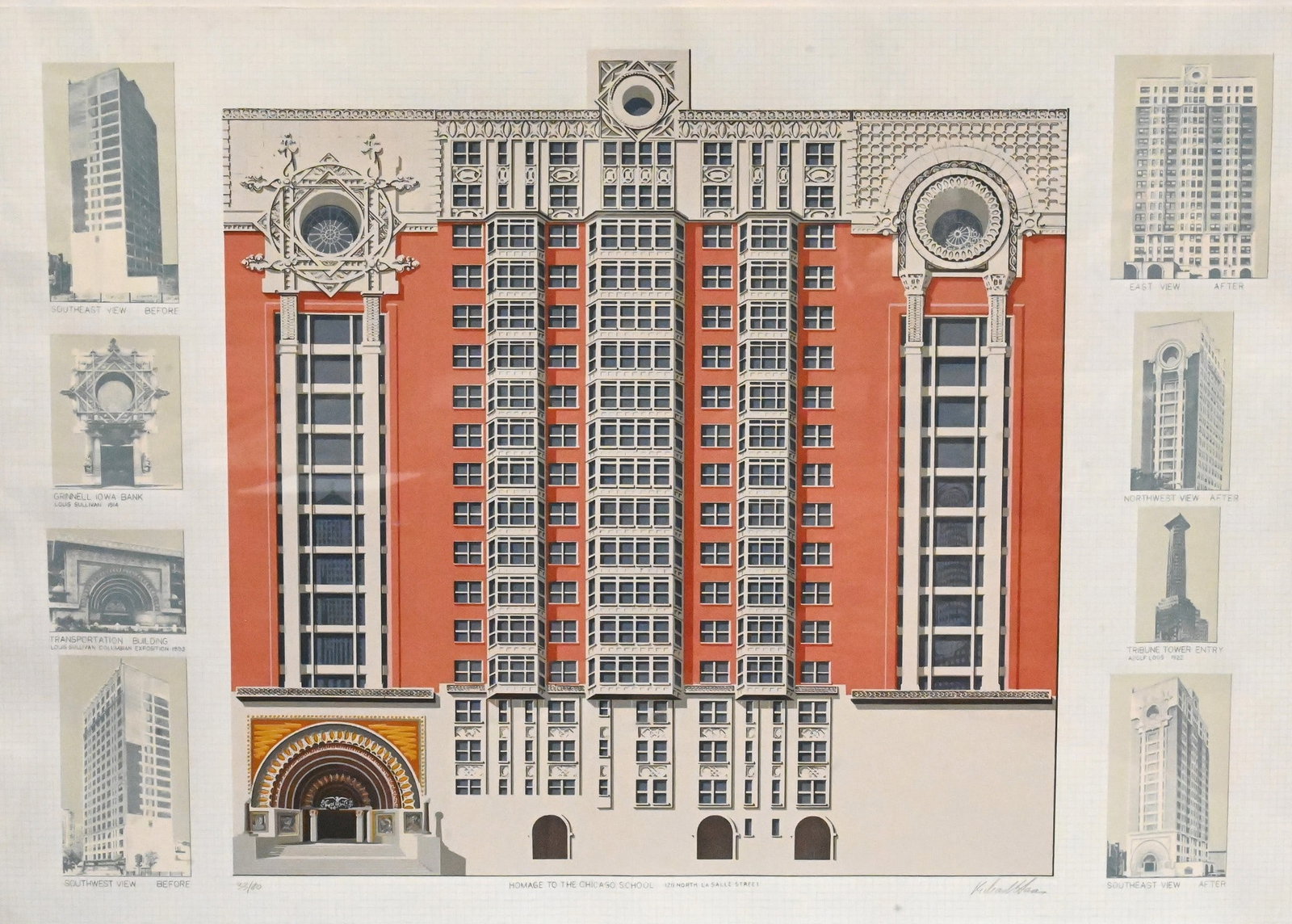 Richard Haas (American B.1936): Richard Haas (American B.1936) "Homage to the Chicago School", 1983 Silkscreen in colors, edition 33/100 Signed lower right Richard Haas, with blindstamp 29 1/2" x 41" sheet, 32" x 44" frame 