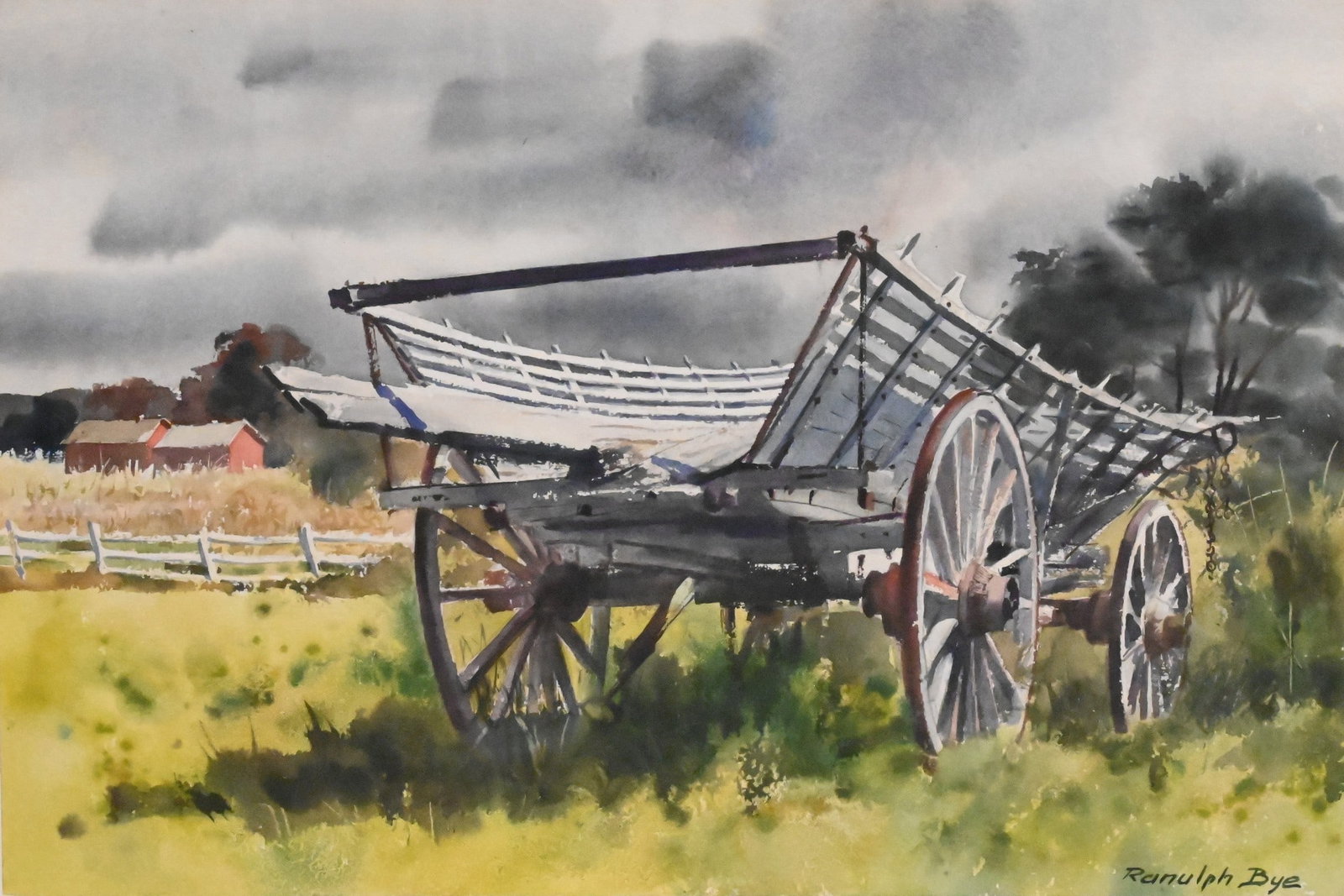 Ranulph Bye (American 1916-2003): Ranulph Bye (American 1916-2003) Old Hay Wagon on a Bucks County Farm, circa 1970 Watercolor on paper Signed lower right Ranulph Bye 14" x 20 1/2" sight Provenance: Property from a Private