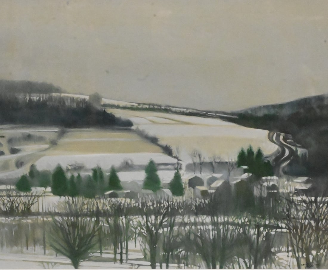 Peter Jogo (American B.1948): Peter Jogo (American B.1948) "I 81 North" Winter Landscape along the Highway, 1980 Varnished gouache on paper Signed and dated lower right Jogo '80, signed and titled verso 13" x 15" sight, 20" x