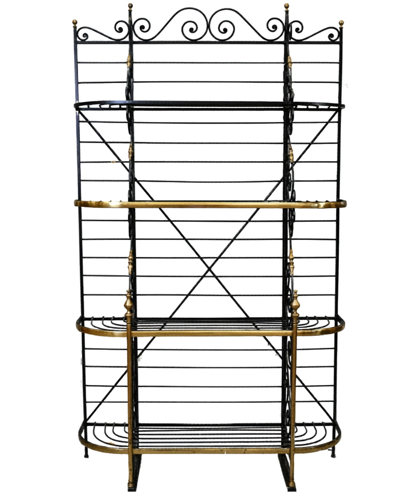 Four Iron and Brass Bakers Racks: Four Iron and Brass Bakers Racks having brass capped finials set with four tiers height 84 1/2 inches, width 50 inches