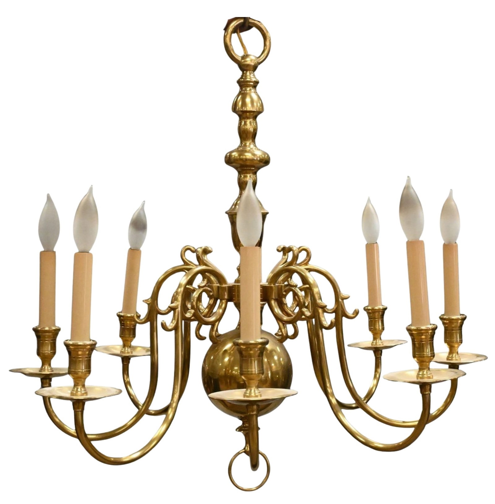 Dutch Style Brass Chandelier and Pair of Williamsburg One Armed Sconces: Dutch Style Brass Chandelier and Pair of Williamsburg One Armed Sconces central turned shaft having ring and ball base supporting eight serpentine arms, height 27 inches along with a pair of