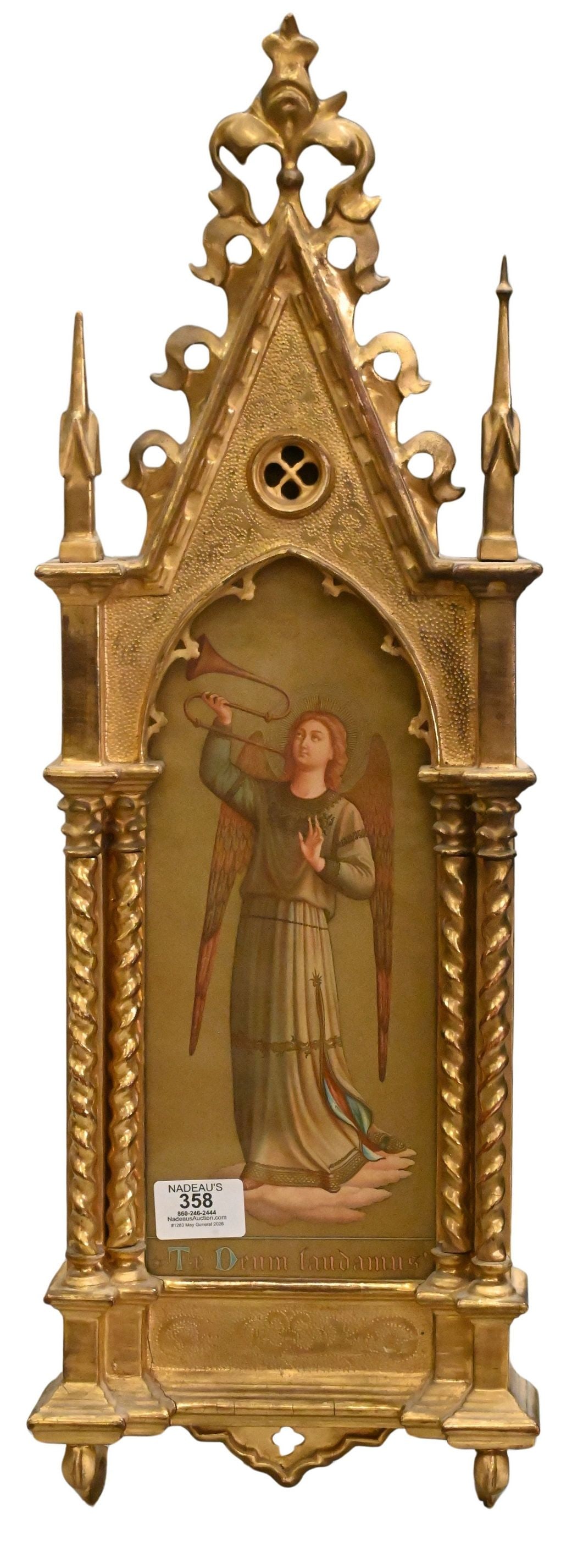 Icon in Gothic Giltwood Frame: Icon in Gothic Giltwood Frame with original back print and watercolor highlights height 25 inches, width 8 1/2 inches