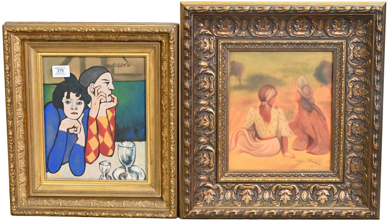 Three Framed Portraits After Picasso, Pissarro and Renoir: Three Framed Portraits After Picasso, Pissarro and Renoir to include After Pablo Picasso,"The Two Saltimbanques" or Harlequin and companion, gouache on paper, marked upper right 11" x 9" sight 