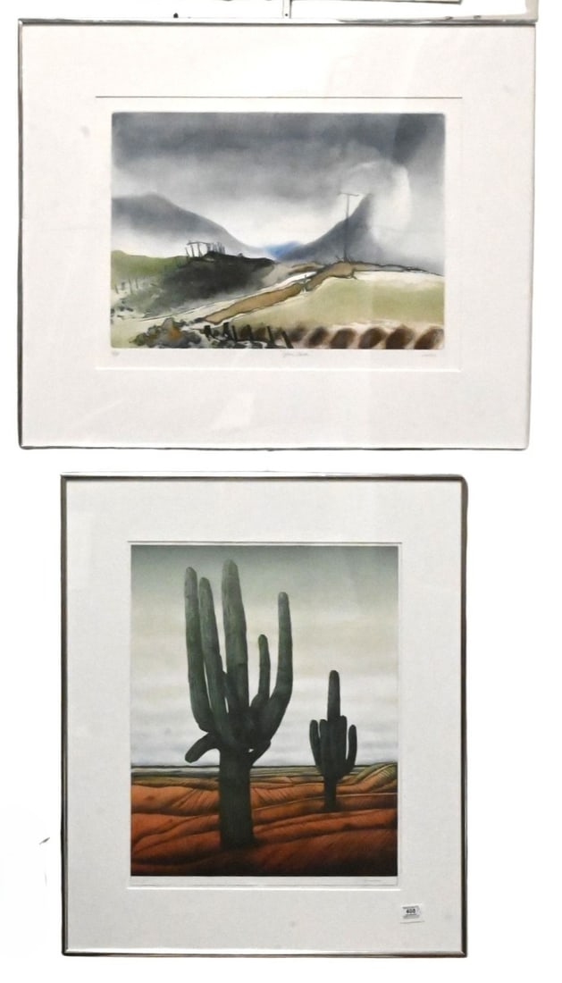 Three Framed Decorative Landscapes: Three Framed Decorative Landscapes to include Alain Le Foll (French 1935-1981) "Cacti", 1970 Lithograph, edition 132/150 Signed lower right A leFoll 28" x 24" frame Gordon Miles (British