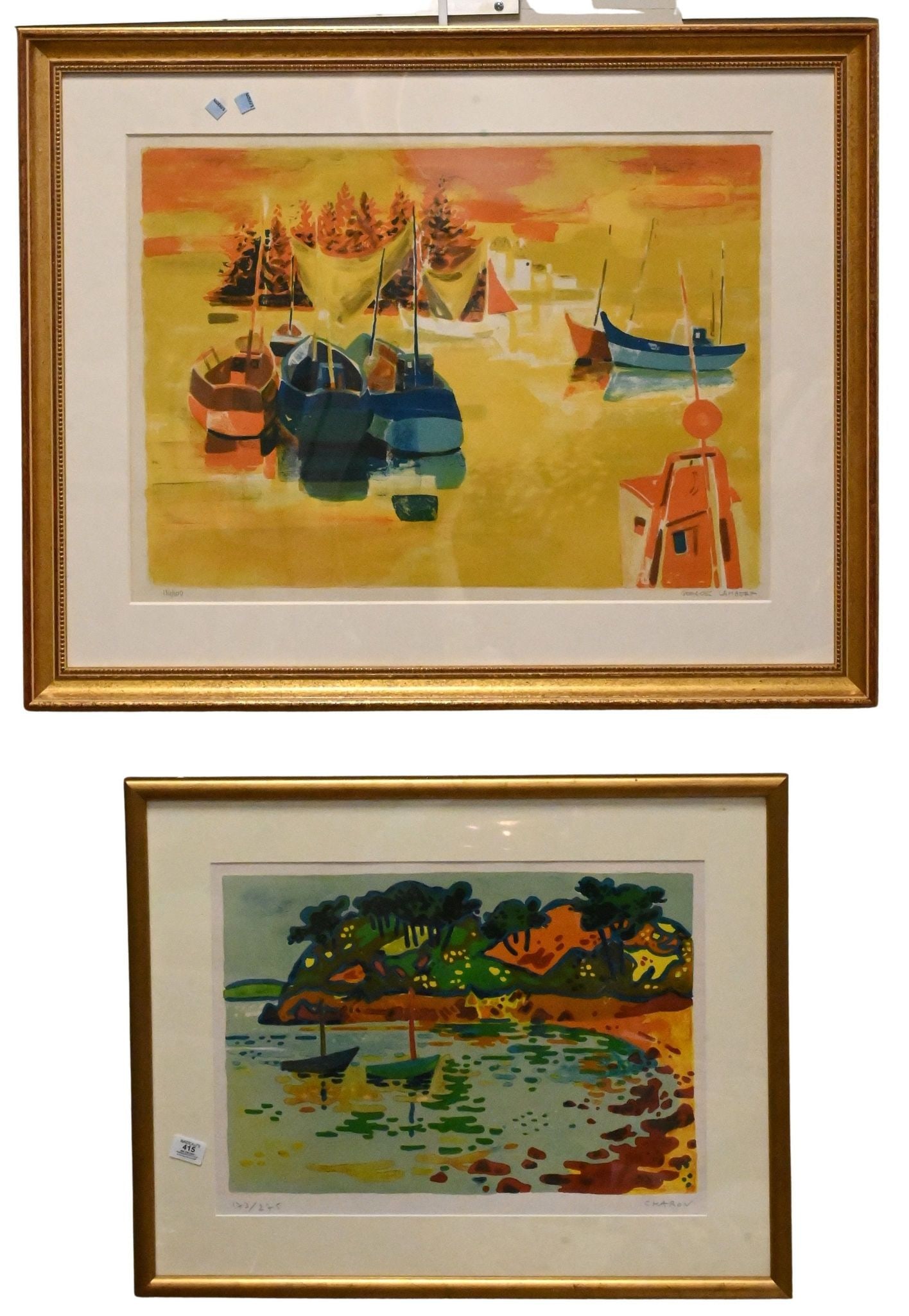 Two Framed French Harbor Scenes: Two Framed French Harbor Scenes to include Guy Charon (French 1927-2021) "Crique Bretonne" Lithograph, edition 173/275 Signed lower right Charon 23" x 30" frame Provenance: Property from a