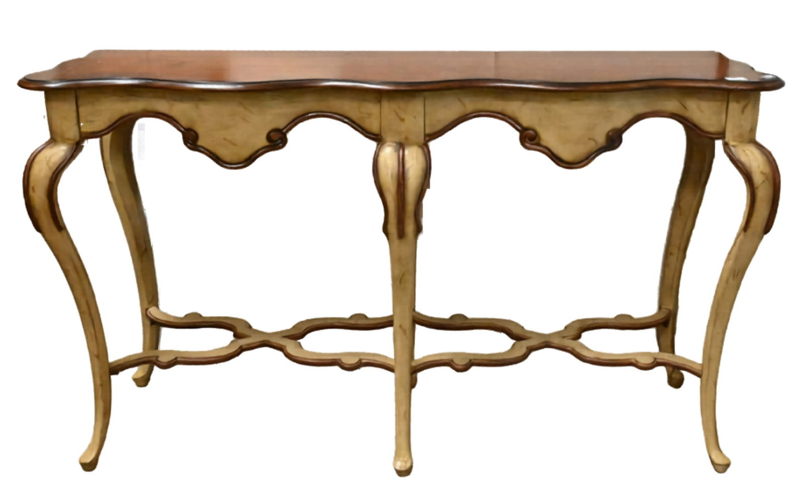 French Provincial Style Console Table: French Provincial Style Console Table Serpentine top having carved decoration, raised on cabriole legs joined by a shaped stretcher, the base in a distressed painted finish height 36 inches, length