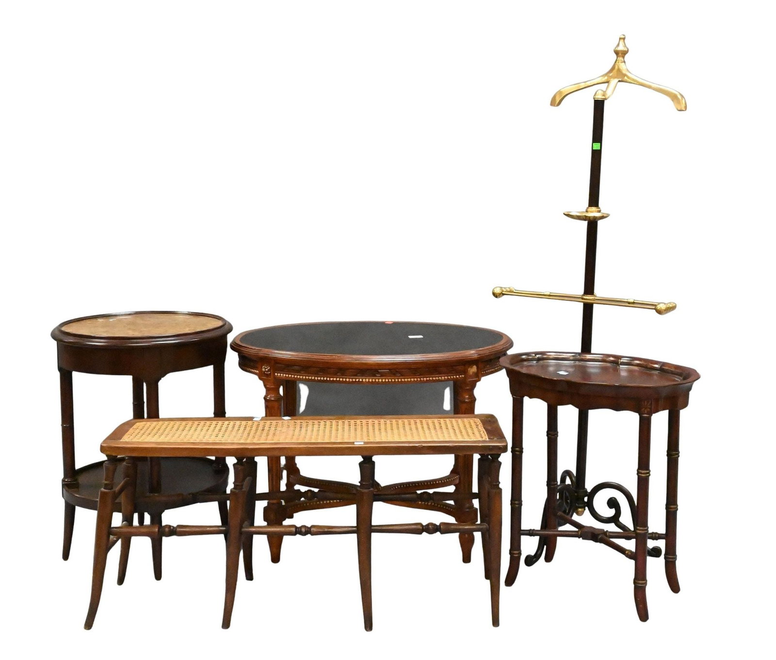 Six Piece Furniture Lot: Six Piece Furniture Lot to include chinoiserie lacquered side table, oval glass top side table, caned rectangular bench, round top side table along with coat rack height 53 inches Provenance: