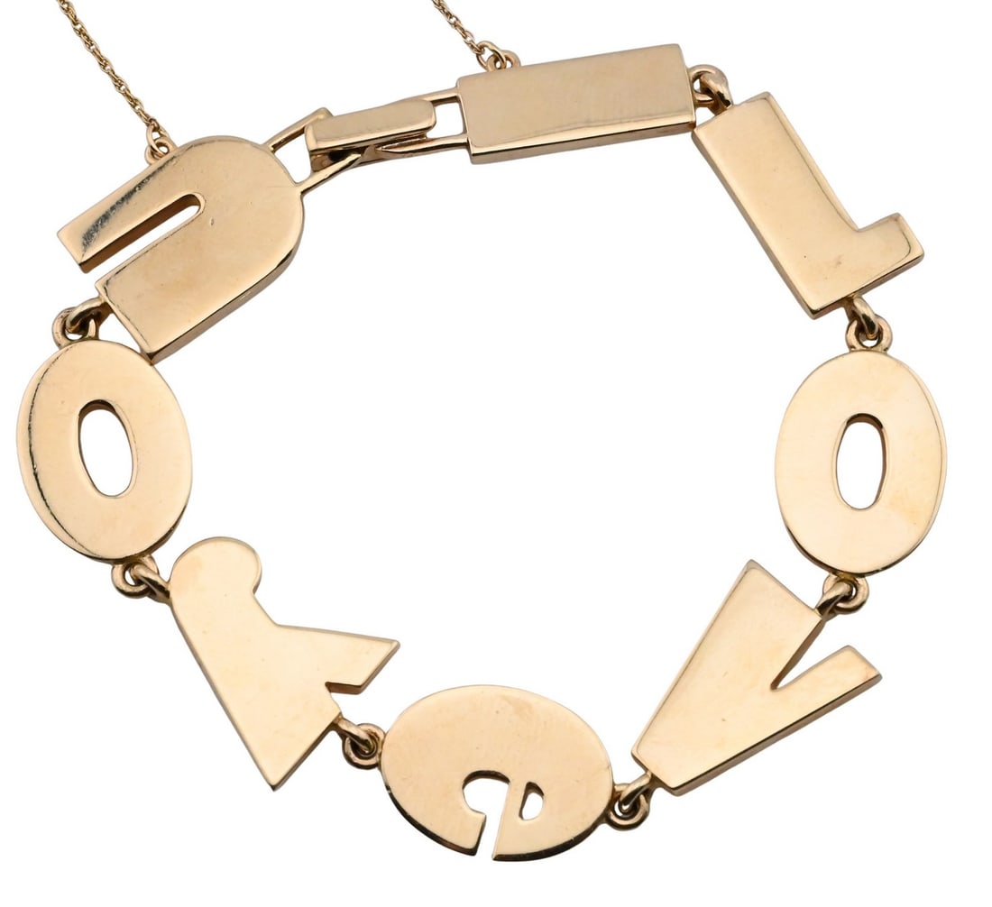 14K Yellow Gold "Love You" Bracelet in the Manner of Verdura: 14K Yellow Gold "Love You" Bracelet in the Manner of Verdura approximately 7 inches long, weight 32.6 grams