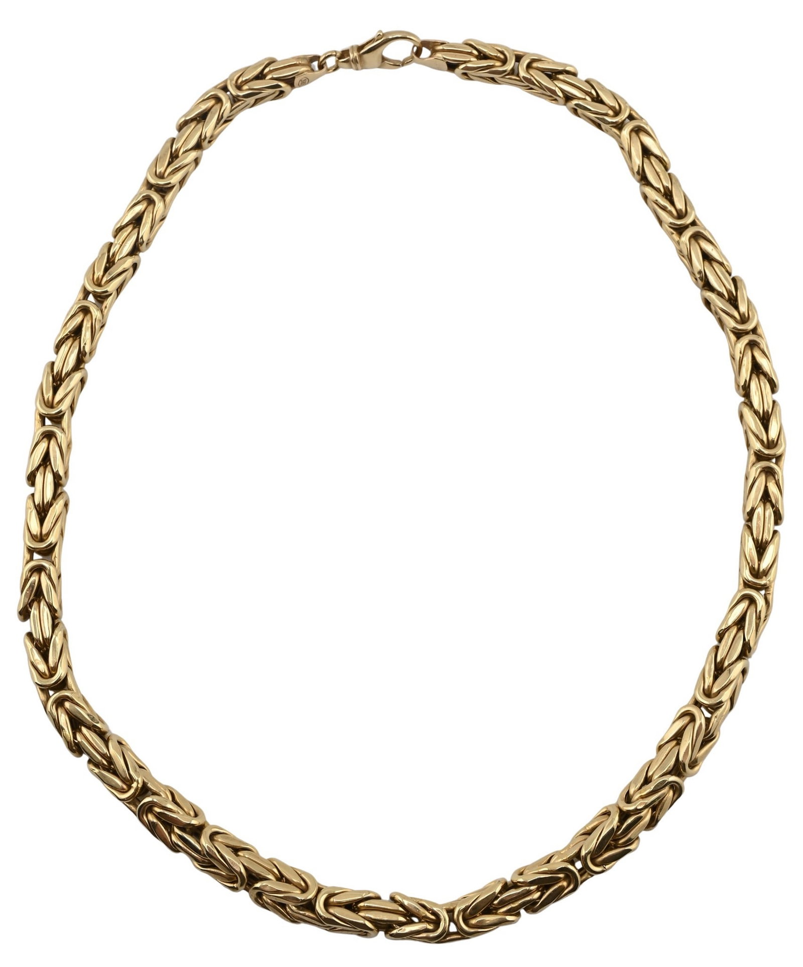 14K Yellow Gold Byzantine Link Necklace: 14K Yellow Gold Byzantine Link Necklace Substantial Byzantine link necklace composed of interlocking polished links, fitted with a lobster clasp, marked 14K length 19 inches total weight 60.3 grams