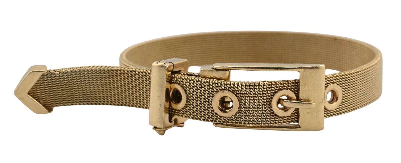 H.W. Burdick Co. 14K Yellow Gold Mesh Belt Bracelet: H.W. Burdick Co. 14K Yellow Gold Mesh Belt Bracelet Wide woven mesh bracelet designed as a belt motif with adjustable buckle clasp, marked 14K Italy and bearing maker's mark for H.W. Burdick Co. lengt