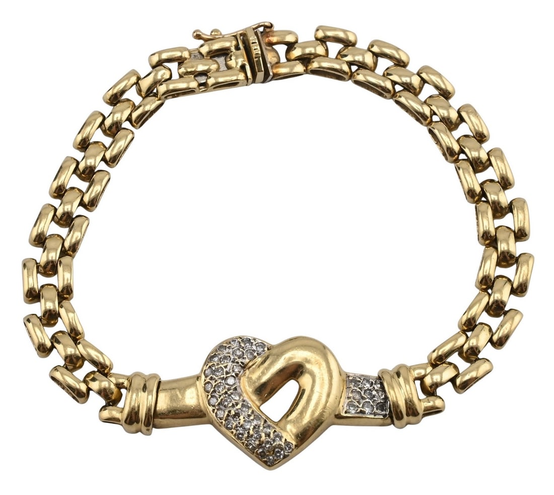 14K Yellow Gold and Diamond Heart Bracelet: 14K Yellow Gold and Diamond Heart Bracelet Double link chain bracelet centered by an open heart motif, one side pavé-set with small round diamonds and the other in polished yellow gold, fitted with a