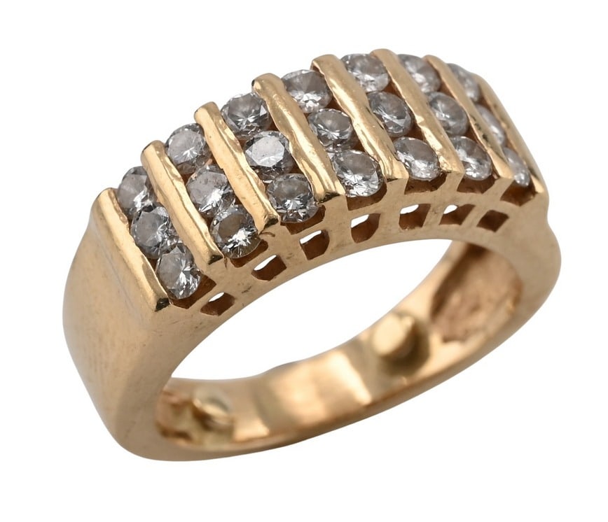 14K Yellow Gold and Diamond Band Ring: 14K Yellow Gold and Diamond Band Ring Band ring set with twenty-one round brilliant-cut diamonds arranged in vertical rows across the front, each measuring approximately 2.2 mm size 3 1/2 total weight