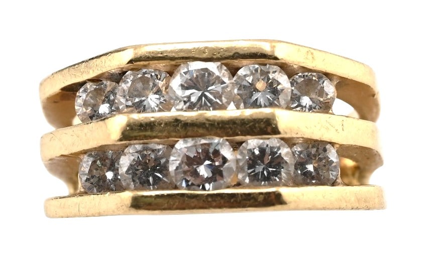 14K Yellow Gold and Diamond Multi-Row Ring: 14K Yellow Gold and Diamond Multi-Row Ring 14K yellow gold ring featuring two horizontal rows of round brilliant-cut diamonds in an openwork setting, diamonds measure approximately 2–3 mm each size 