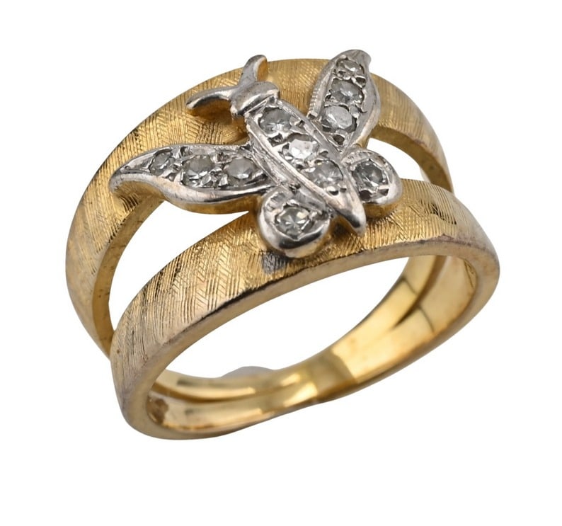 14K Yellow and White Gold Diamond Butterfly Ring: 14K Yellow and White Gold Diamond Butterfly Ring textured 14K yellow gold band overlaid with a white gold butterfly motif set with small round diamonds across the wings and body, marked 14K size 4 tot