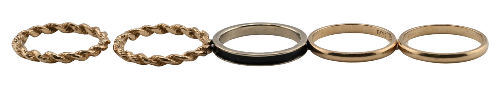 Five 14K Gold Band Rings: Five 14K Gold Band Rings Five band rings to include two plain yellow gold bands, one white gold band with black enamel inlay, and two yellow gold rope twist bands all rings size 5 total weight 7.9 gra