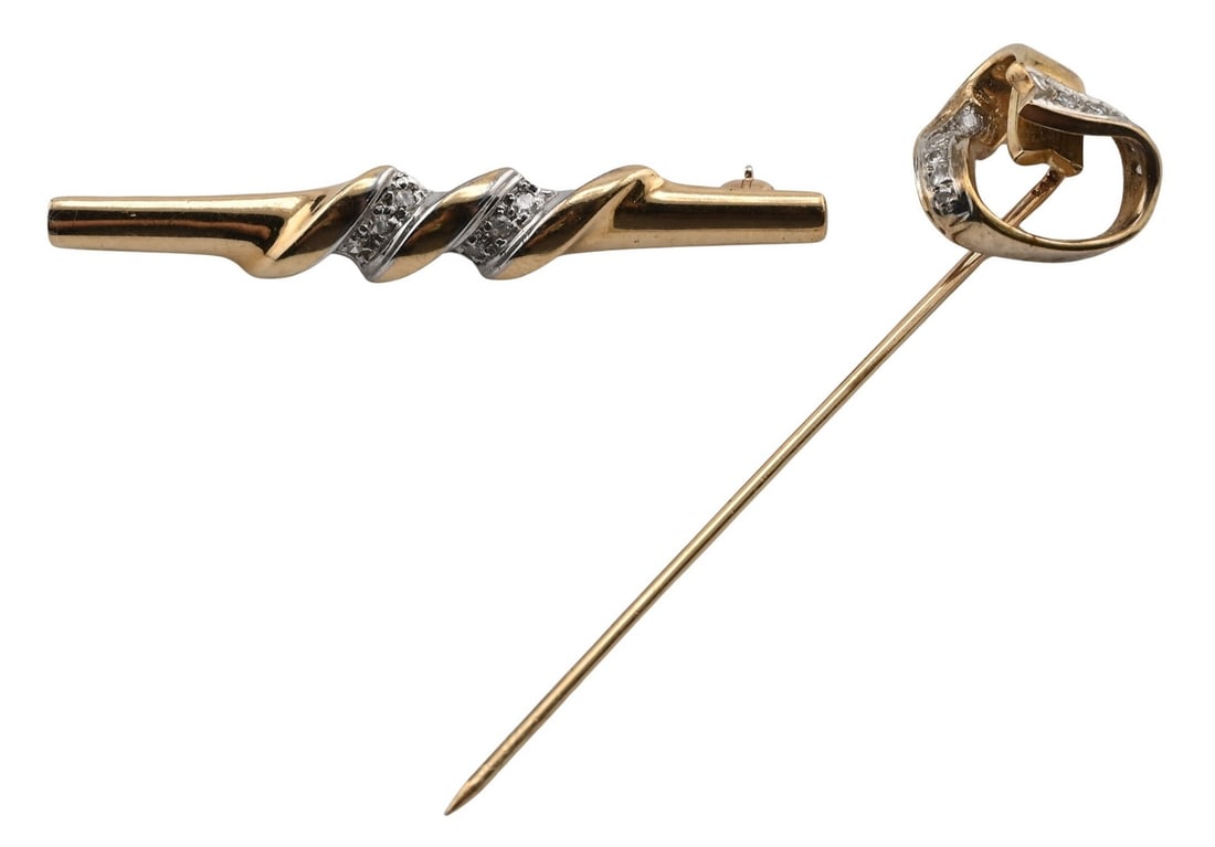 Two 14K Yellow Gold Diamond Pins: Two 14K Yellow Gold Diamond Pins one designed as a heart motif set with small round diamonds, the other in a bar form with three small round diamonds set in a diagonal arrangement Lengths 1 3/4 inches