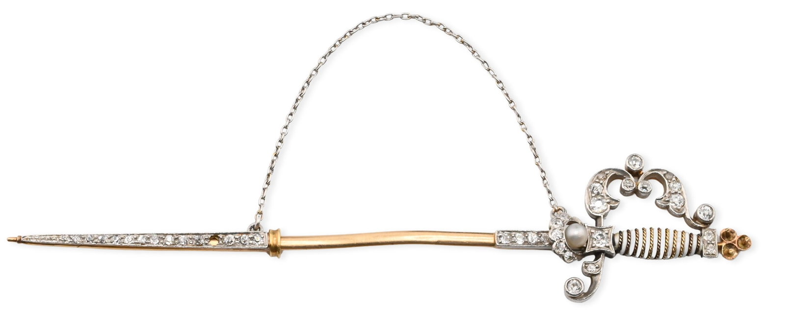 18K Yellow Gold Diamond, and Pearl Sword-form Jabot Pin: 18K Yellow Gold Diamond, and Pearl Sword-form Jabot Pin the finely crafted hilt and guard mounted with old mine- and rose-cut diamonds in silver-topped settings, accented by scrolling foliate motifs