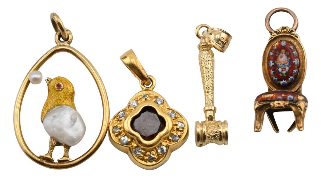 Group of Four 14K Yellow Gold Charms: Group of Four 14K Yellow Gold Charms to include a gavel-form charm, a bird-form charm having a pearl body, an enameled chair-form charm, and a red stone set pendant. each approximately 1 inch total