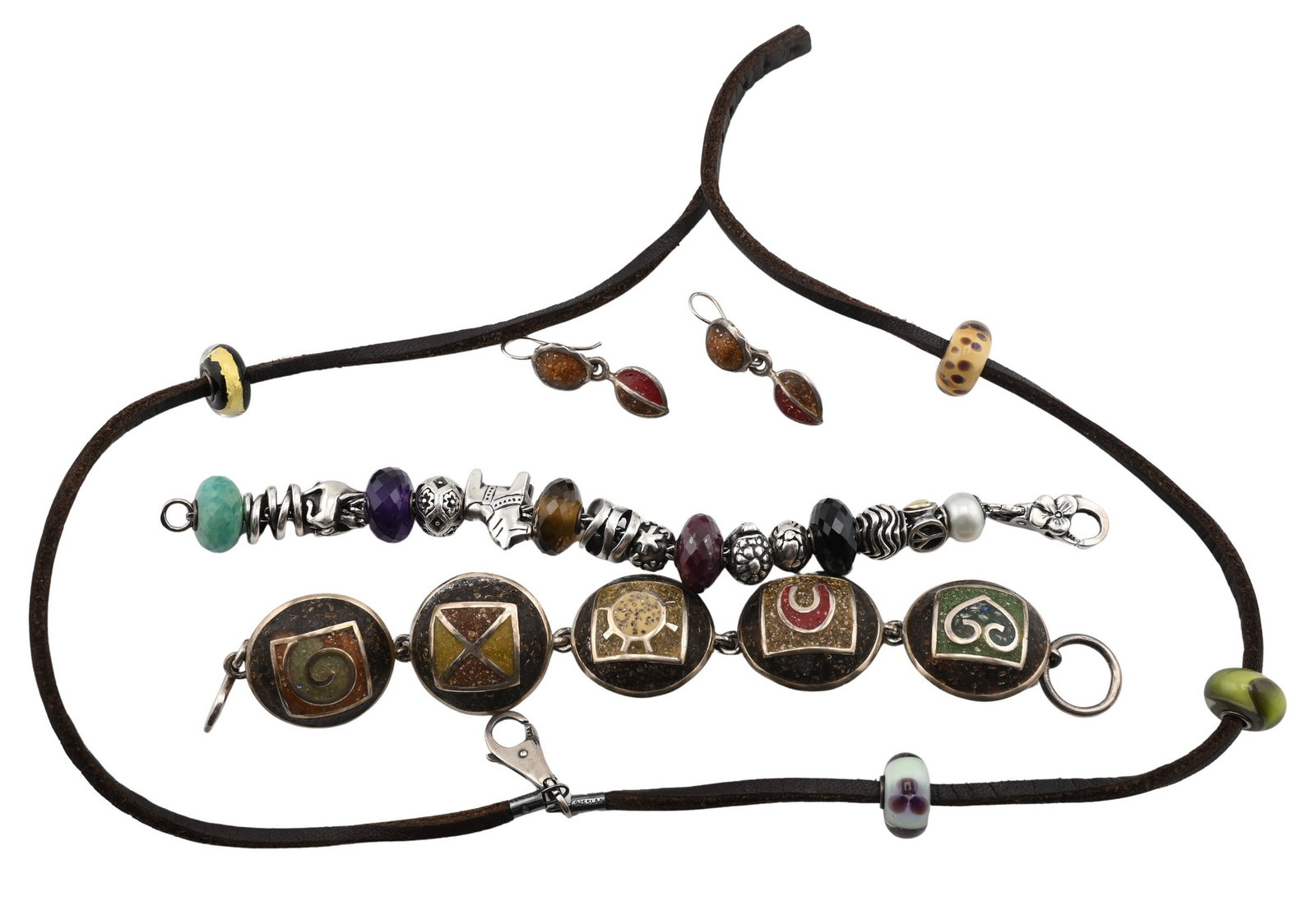 David Urso And Trollbeads Jewelry Group: David Urso And Trollbeads Jewelry Group sterling silver bracelet and matching earrings by David Urso having enamel geometric motifs, together with a beaded bracelet and necklace by Trollbeads featurin