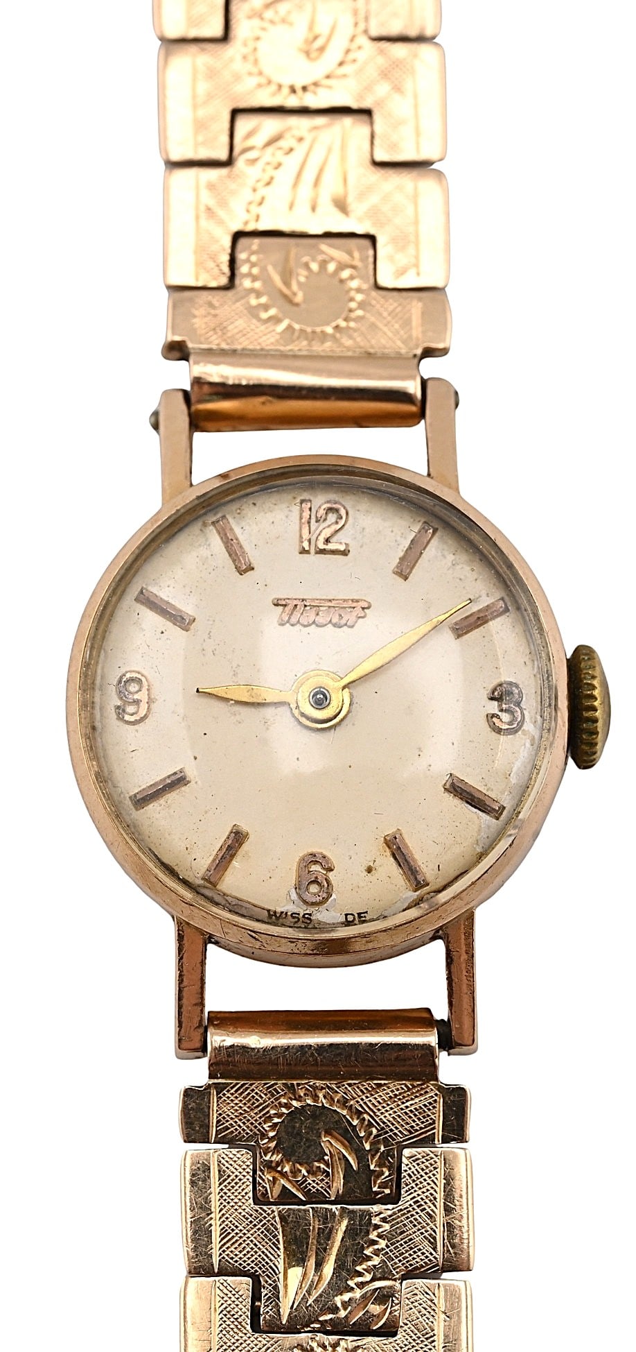 Tissot 14K Yellow Gold Ladies Wristwatch: Tissot 14K Yellow Gold Ladies Wristwatch Manual wind wristwatch with round silvered dial, baton hour markers with Arabic numerals. Dial signed "Tissot." 14K gold case with 14K gold engraved link